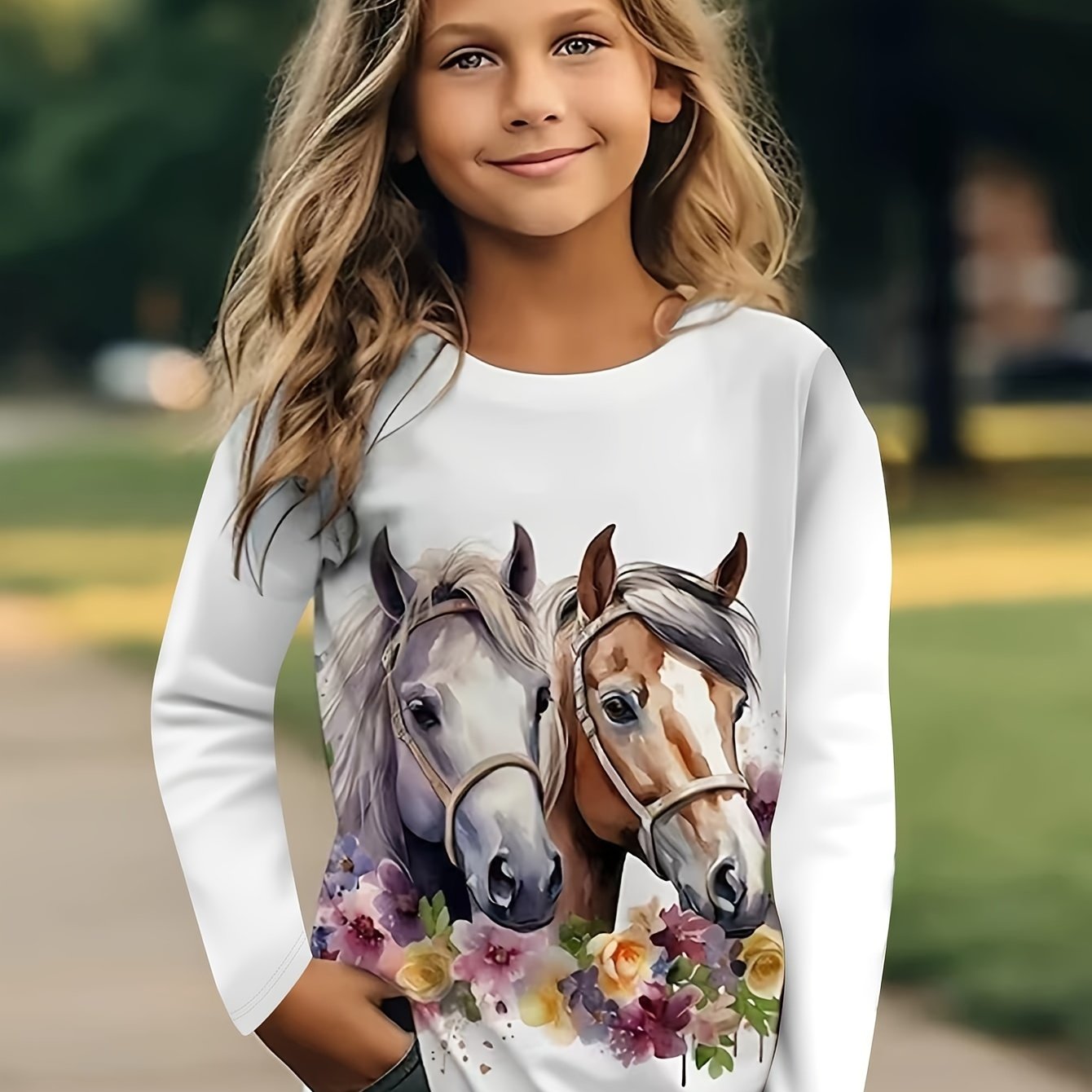 Image of Girls' Fashionable Long-sleeve T-shirt With Horse Print