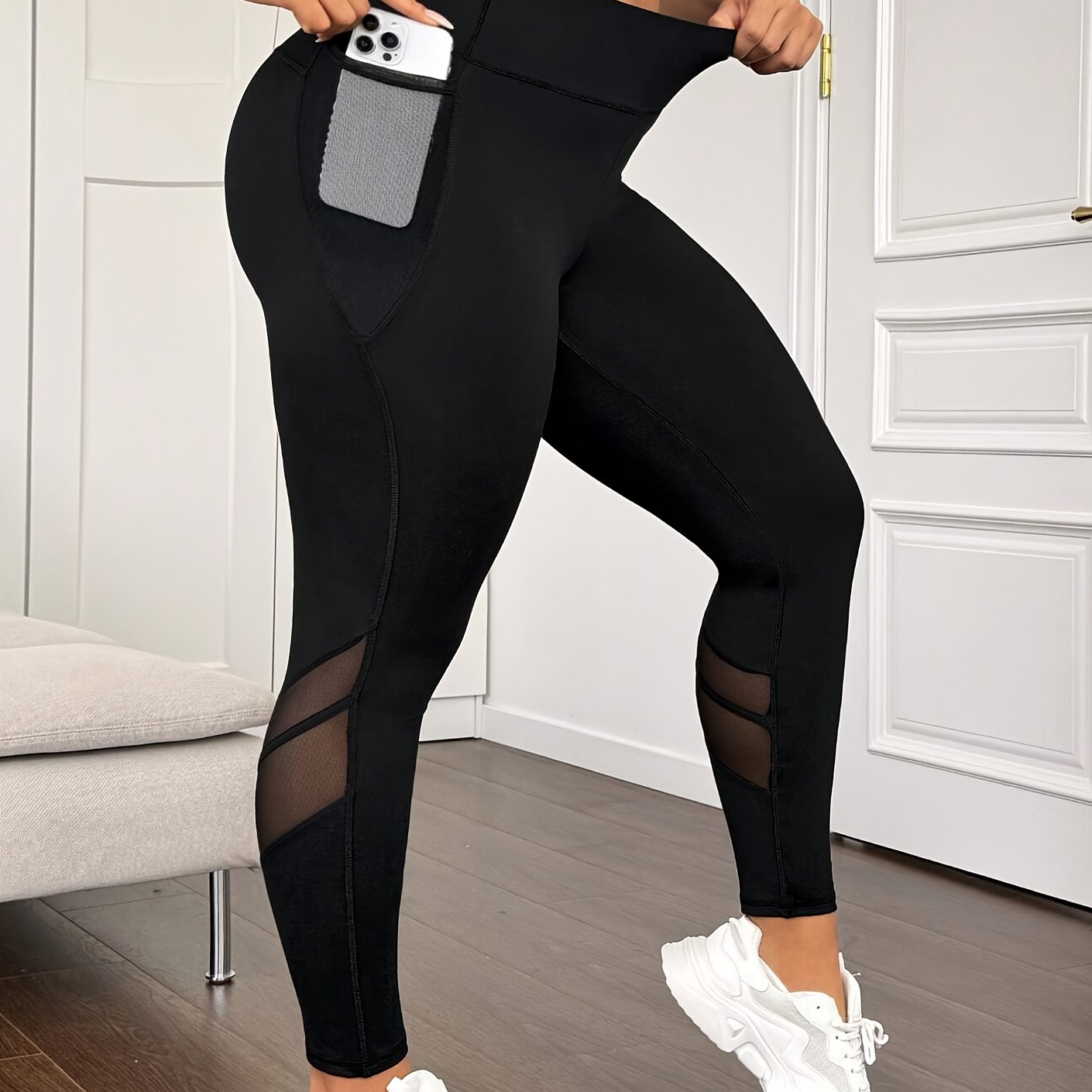 E-shop Damen Mesh Panel Leggings mit Seitentasche, hoher Bund, eng anliegend, geeignet für Outdoor, Indoor, Freizeit, Sport, Fitness, Laufen, Yoga in
