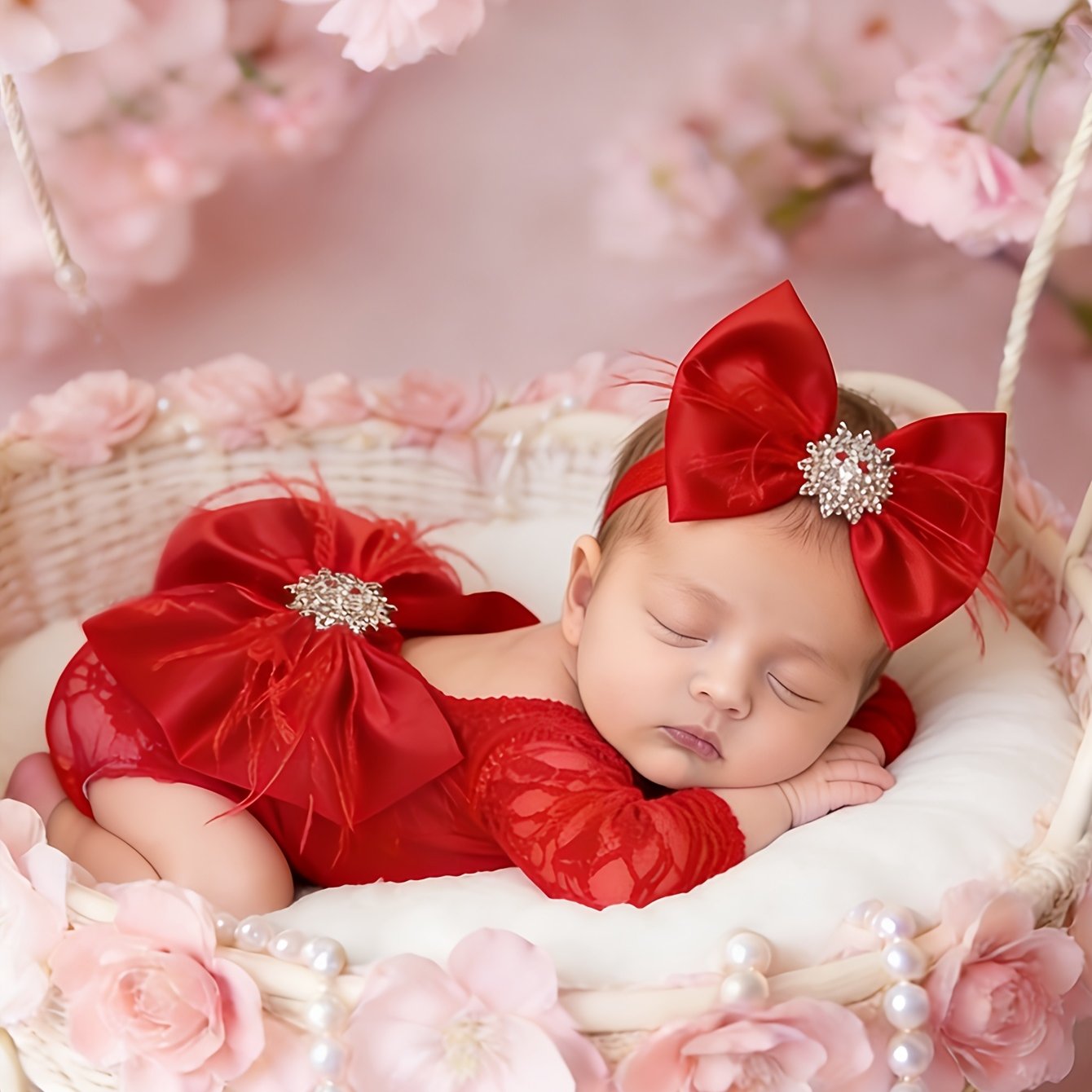 Image of 2-pcs Newborn Lace Romper With Handmade Bow Headband, Girls' Knitted Long-sleeve Romper Photography Outfit Set Hd15