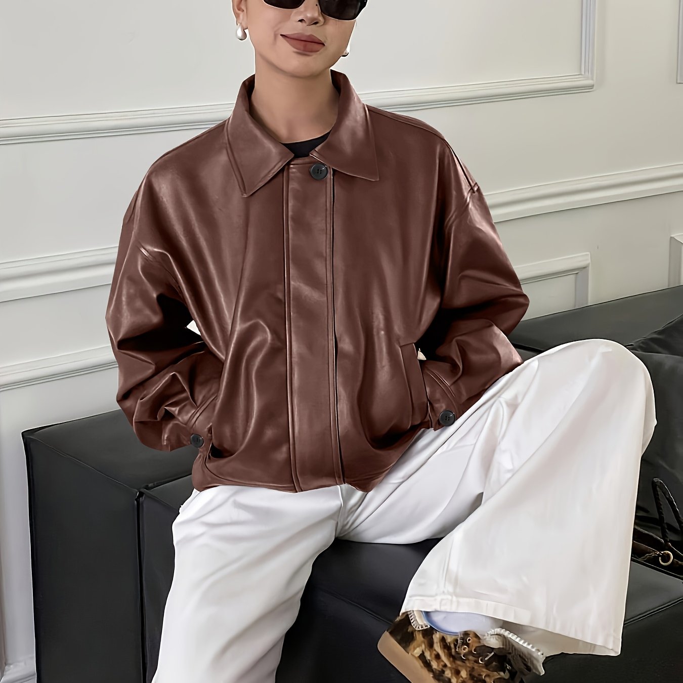 TEMU Autumn Winter Casual Easy Loose All-match Short Biker Jacket