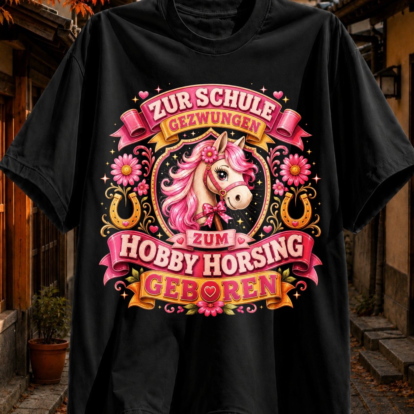Image of Pink Hobby Horse In Ornate Horseshoe Floral Frame With German "zur Schule Gezwungen Zum Hobby Gebore" Graphic Unisex All T-shirt