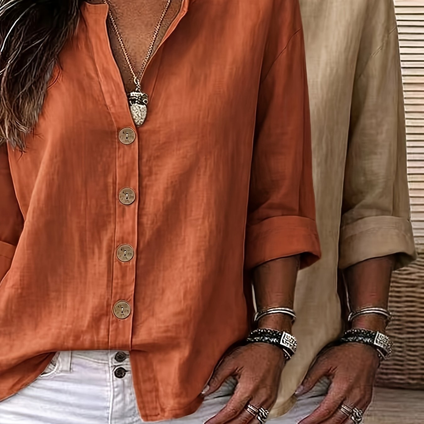 TEMU Plus Size, 2pcs Plus Size Women's Casual Elegant Simple V-neck Single-breasted Button Three-quarter Sleeve Solid Color Top, Spring Autumn Summer
