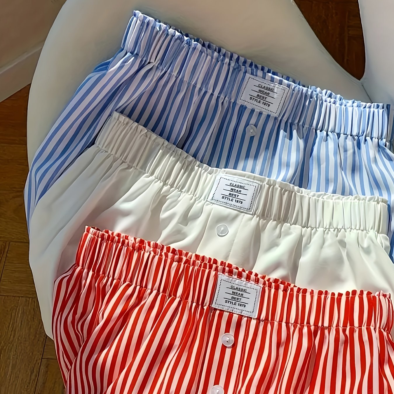 TEMU 3pcs Set Of Women's Contrasting Striped Checkered Solid Color Assembled Elastic Waist Shorts With Button Design