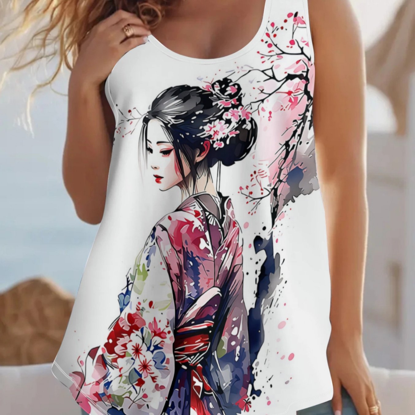 TEMU Débardeur manches grande taille pour femme avec imprimé style kimono japonais - Veste à col rond compatible avec un blouson, adaptée pour les