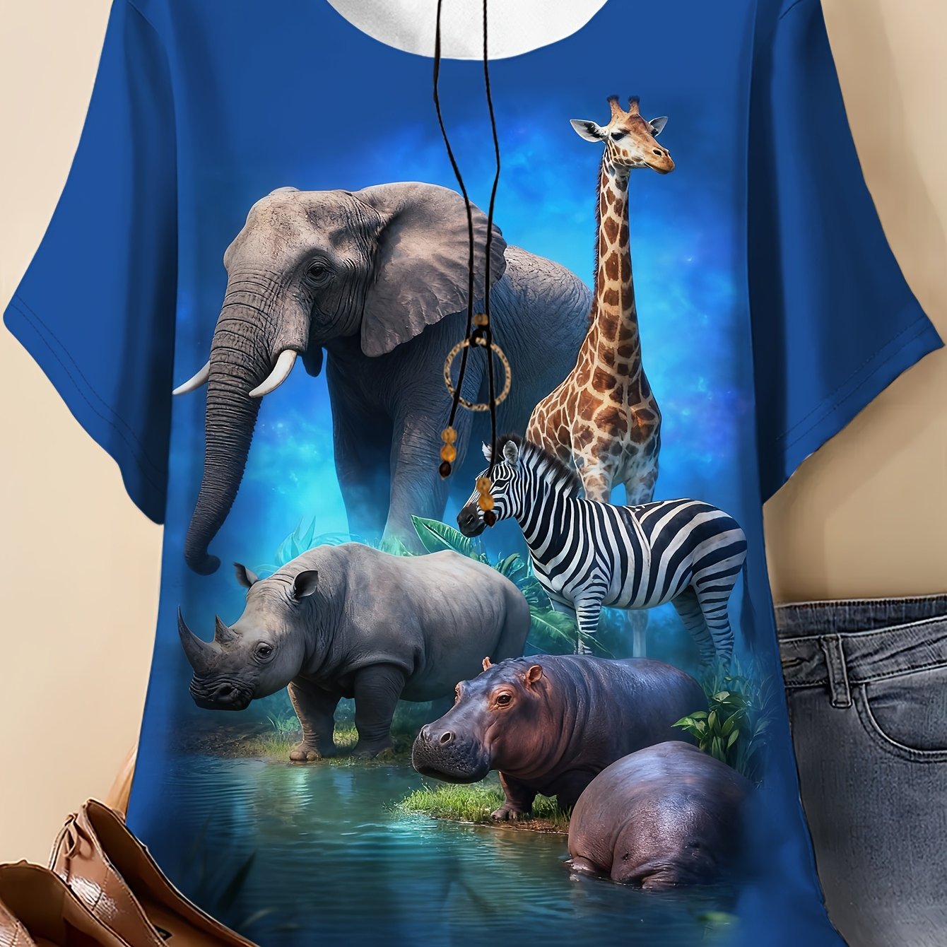 TEMU Plus Size, Plus-size Women's T-shirt Featuring Prints Of A Group Of African Animals, Including Elephants, Giraffes, , Rhinoceroses, And . A