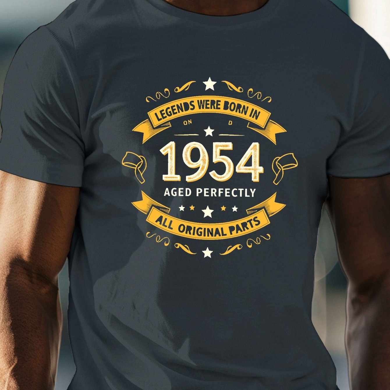 TEMU Men's 1954 Print T-shirt, Casual Crew Neck Short Sleeve Top, 100% Polyester Knit Fabric, Stretch, Regular Fit, Summer Lightweight Tee