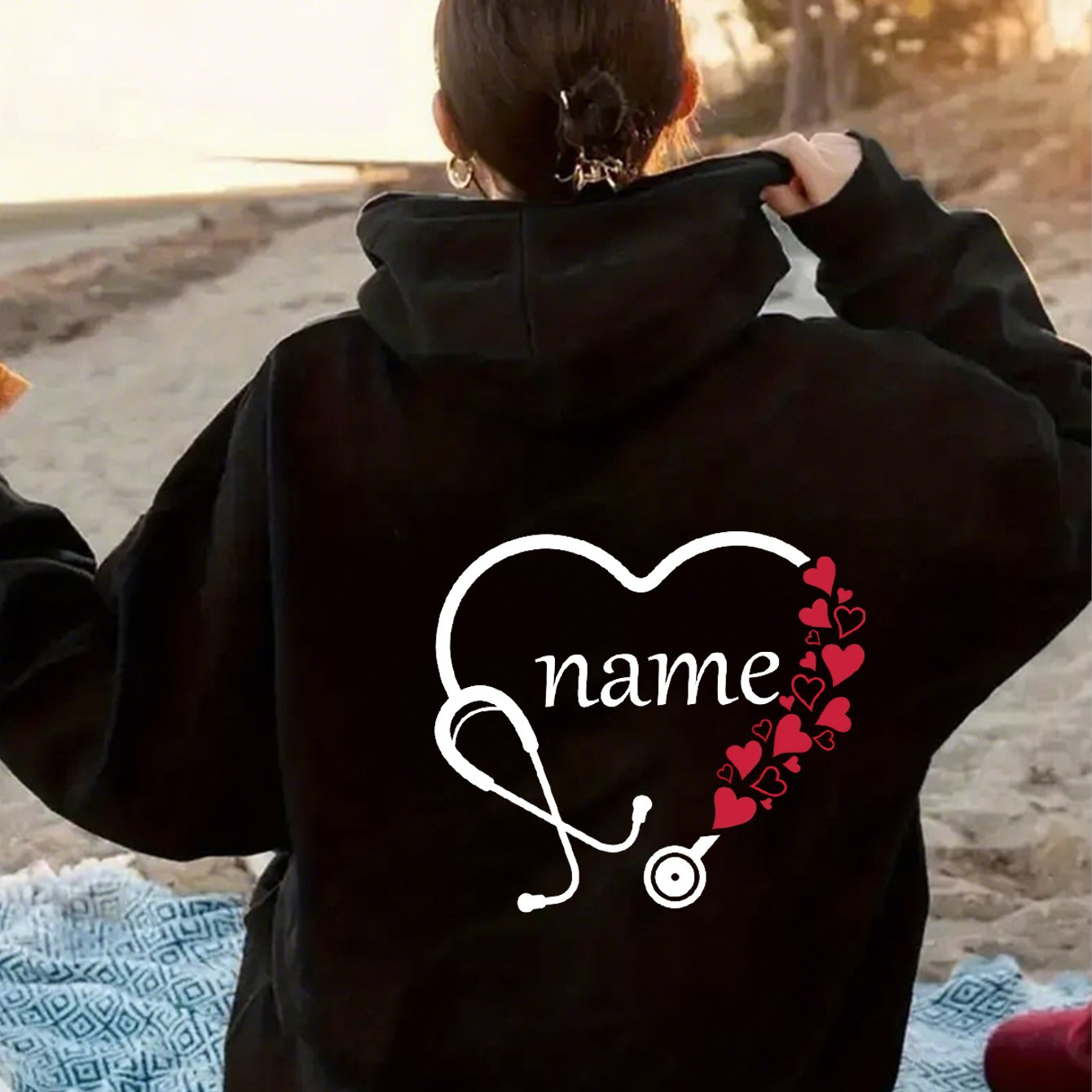 TEMU Care Stethoscope   Red Heart" Custom Name Apparel Autumn Jacket & Suitable For Women & Ladies Moms & Casual Zip-up Hoodie, Fashionable Sporty