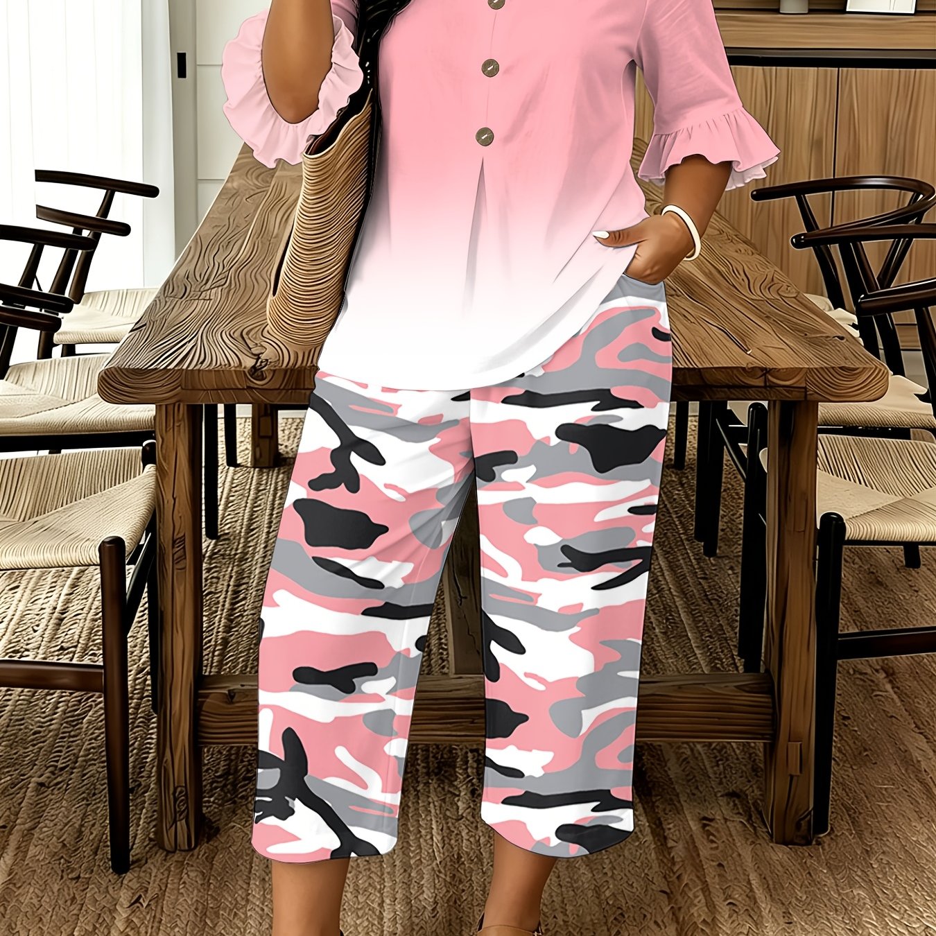Plus Size, Women's Fashion Set, -point Puff Sleeve Solid Color Fake Button T-shirt With -point Camouflage Pants, Suitable For , Going Out For Vacation Parties