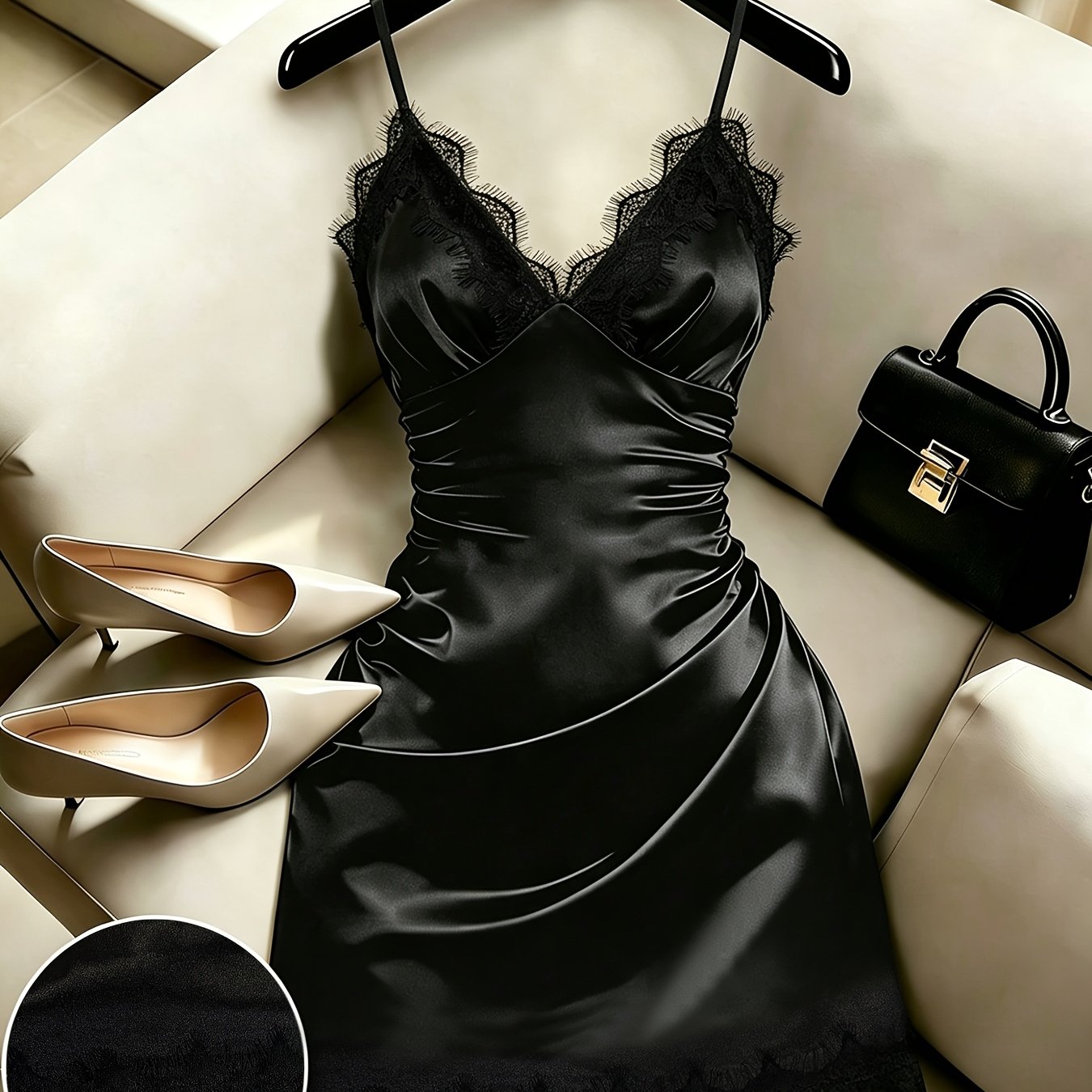 TEMU Eyelash Lace V-neck Satin Cami Dress, Side Ruched Slim Fit Bodycon Dress, Lace Trim Pure Sexy Cami Dress, Short Length Lace Hem Formal Dress,