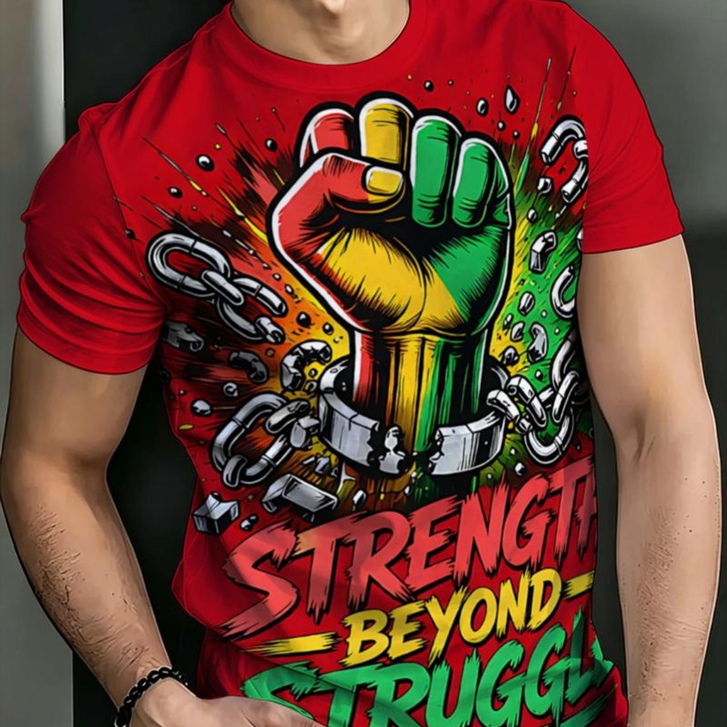 TEMU Strength " Color Block Print T-shirt, Red Base With -yellow Gradient Bursting Iron Chain, Daily Wear For Civil Enthusiasts, Streetwear