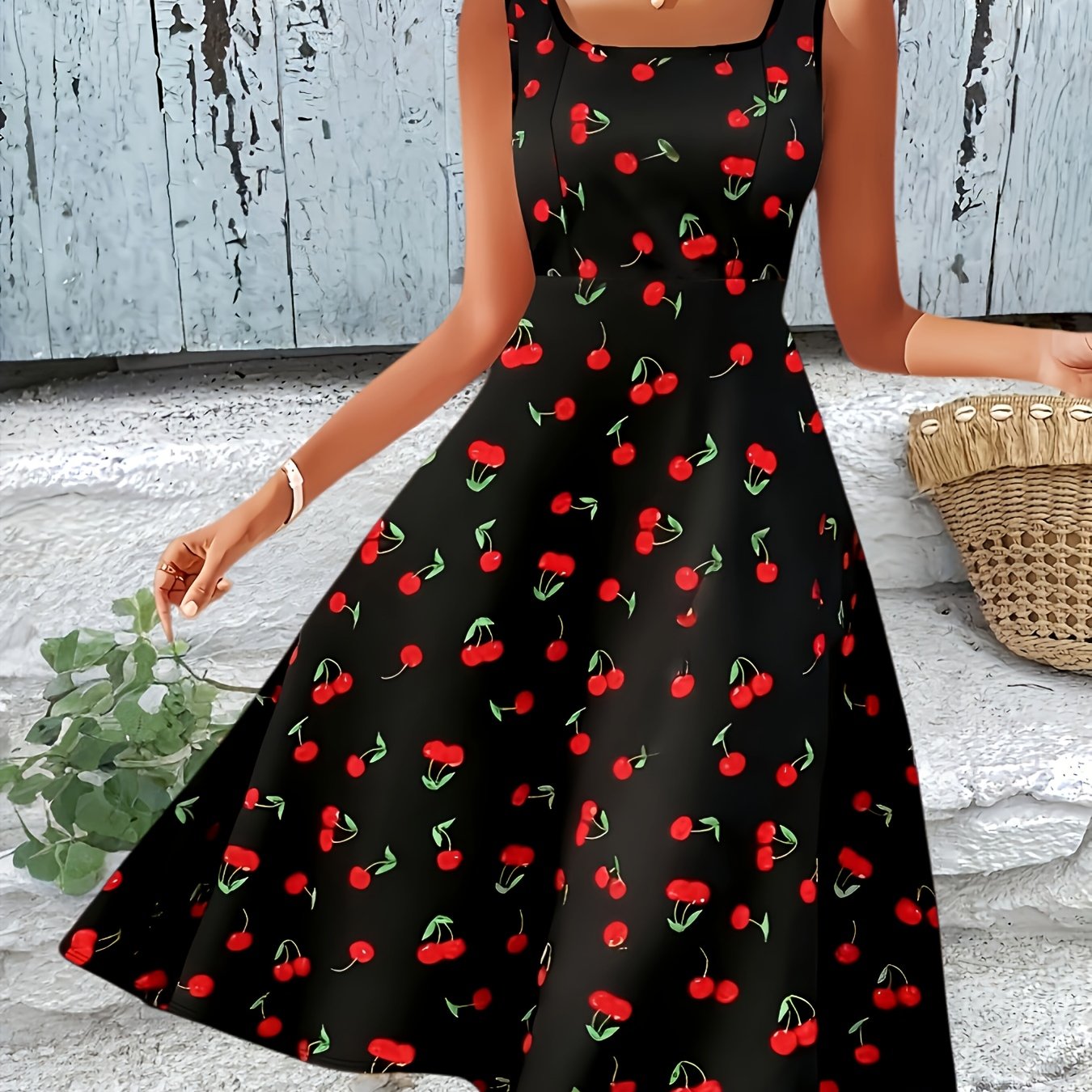 E-shop Elegantes Damenkleid mit Kirschmuster, schräger Schnitt, ärmellos und A-Linien-Schnitt, quadratischer Rundhalsausschnitt, geeignet für