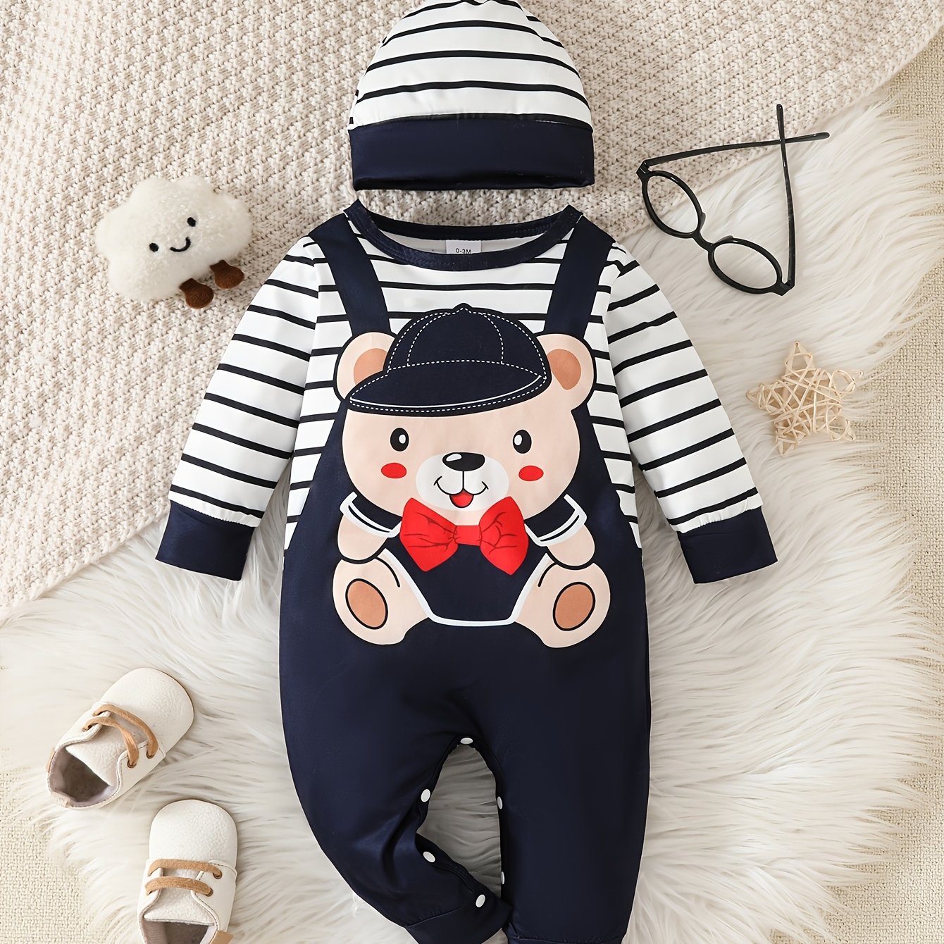 Cute Cartoon Print Long-sleeved Jumpsuit With Hat Two-piece Set, For Outdoor