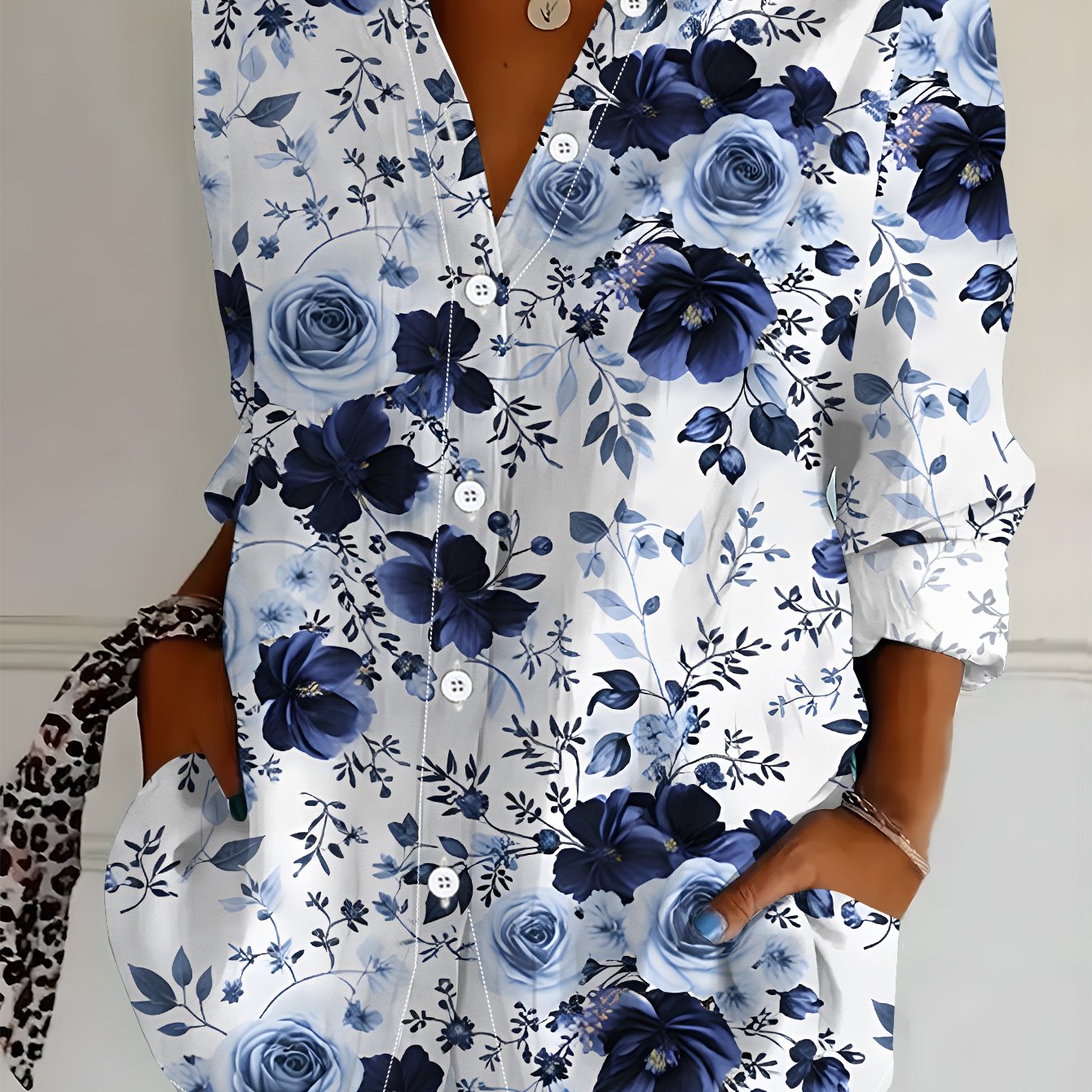 TEMU Plus Size, Plus Size Women's Long Sleeve Shirt, Blue Floral Print Loose Fit Printed Blouse, Blue And White Floral Style, Mid-length Women's Long