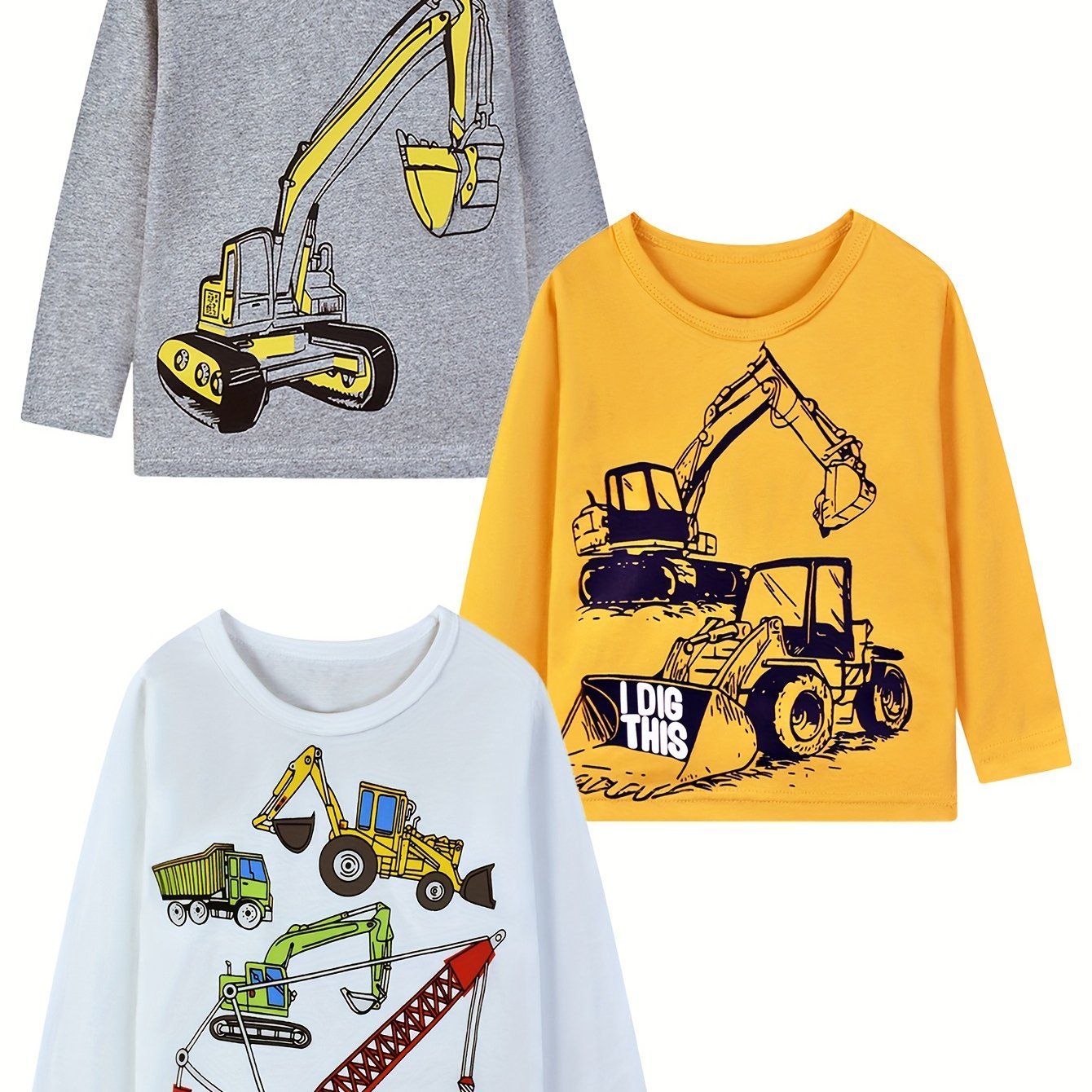 Image of Three-piece Set Of Boys' Long-sleeve T-shirts, Comfortable Casual Cartoon Excavator Random Print T-shirt Tops