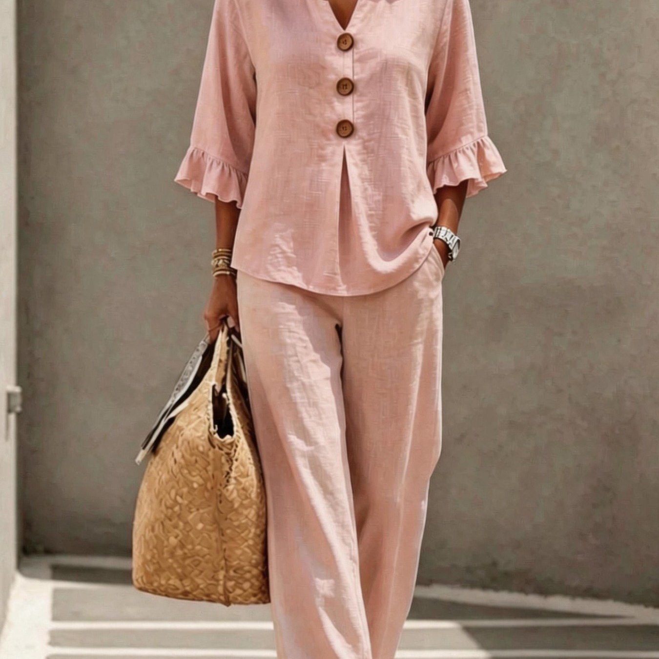 Women' Color Neckline 3/4 Sleeve Button Front Top And Wide Leg Trousers 2pcs Set, Women's Casual 2pcs Outfit | Relaxed Style, Perfect For Daily , Shopping And Spring And Summer Vacations