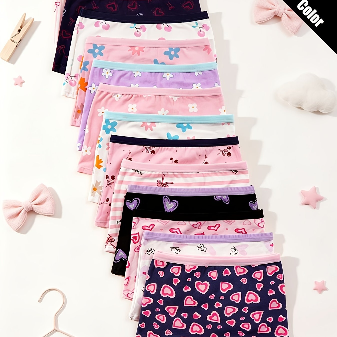 Image of Random 7pcs Girls' Boxer Briefs, Multicolor Floral And Cartoon Heart Patterns, Comfortable Cut, Cute , Girls' Underwear Set