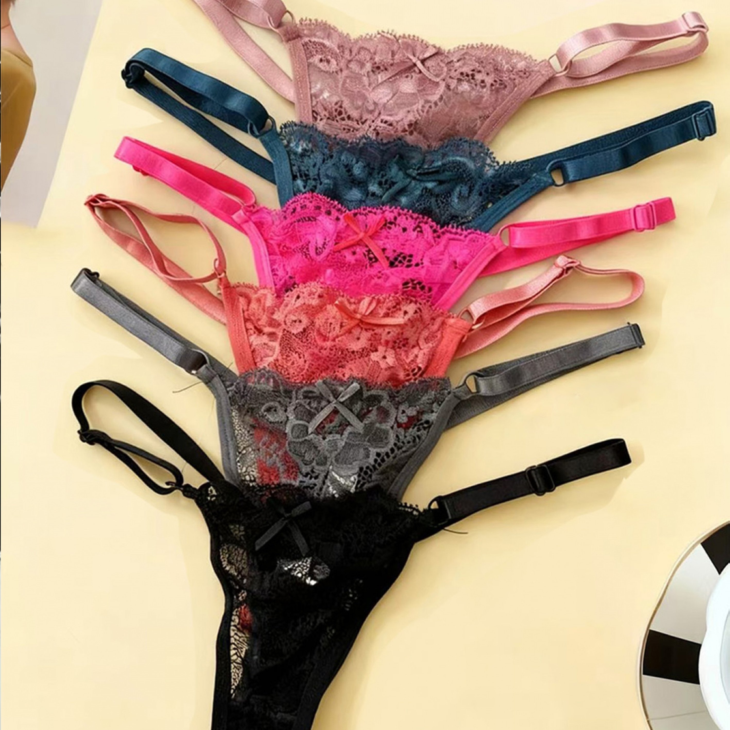 Image of 6pcs Set Of Lace Bowknot Women's Thong Panties With Adjustable Waistband, Featuring Translucent Lace, Breathable, Comfortable, And , Suitable Special Occasions And Daily Wear