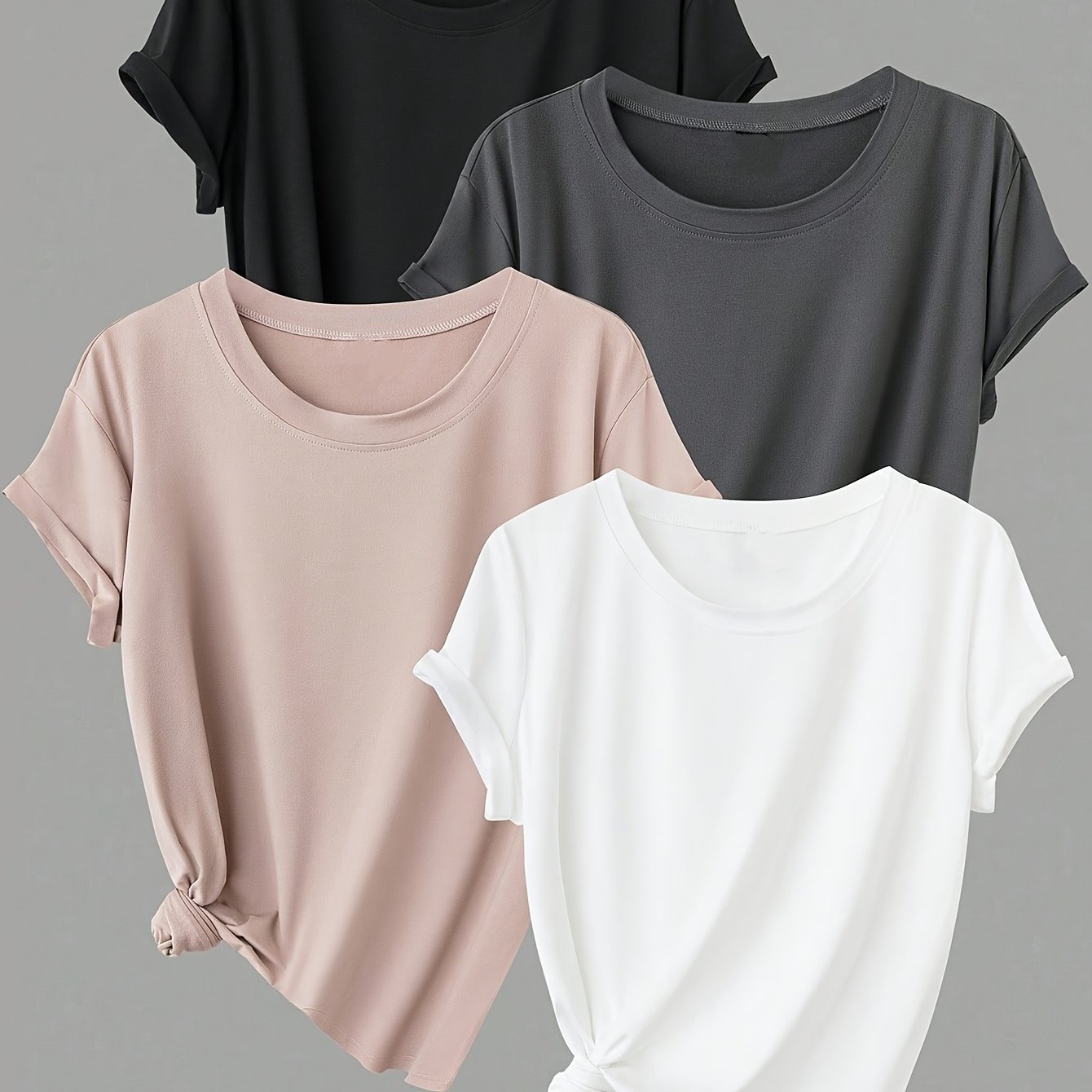 TEMU Plus Size, New Summer Style Simple Casual Look 4pcs Set Of Loose- Neck Short-sleeve T-shirts