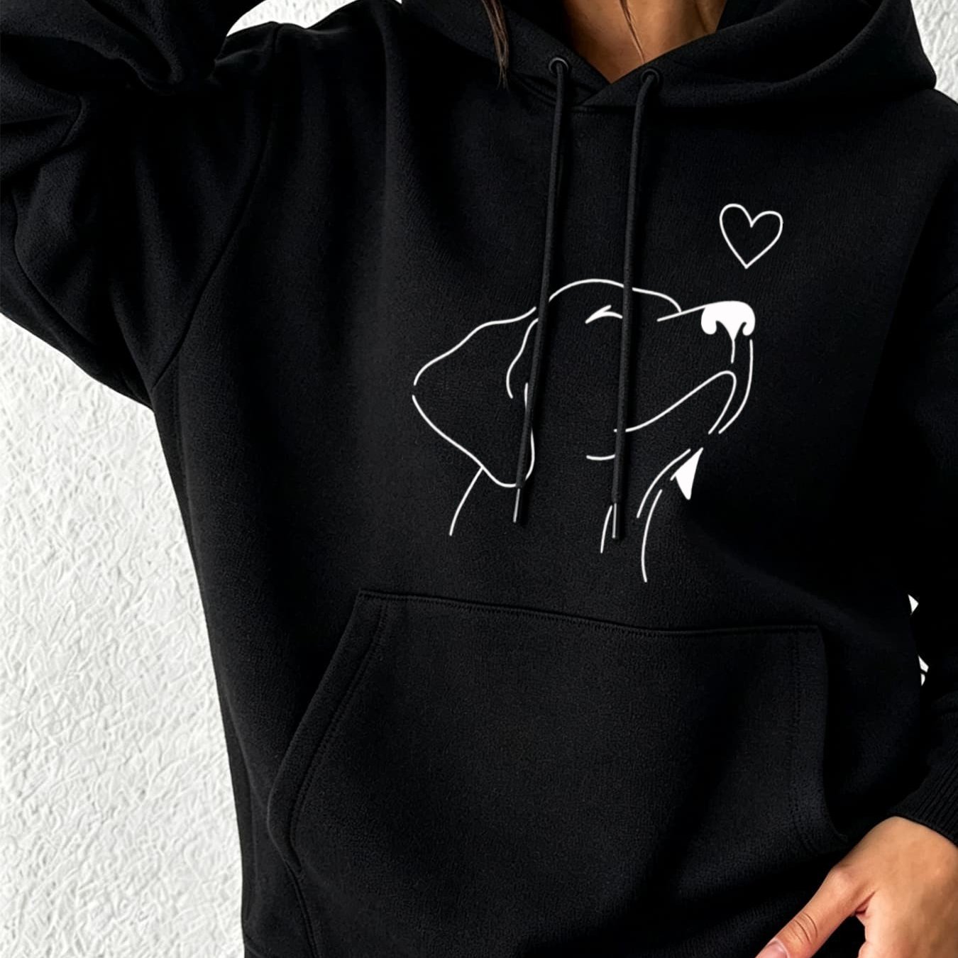 Image of Autumn Winter New Hoodie For Women Loose Fit Casual With White Line Dog Print And Heart Decor Warm Comfortable Daily Wear Fashion Sports Trendy