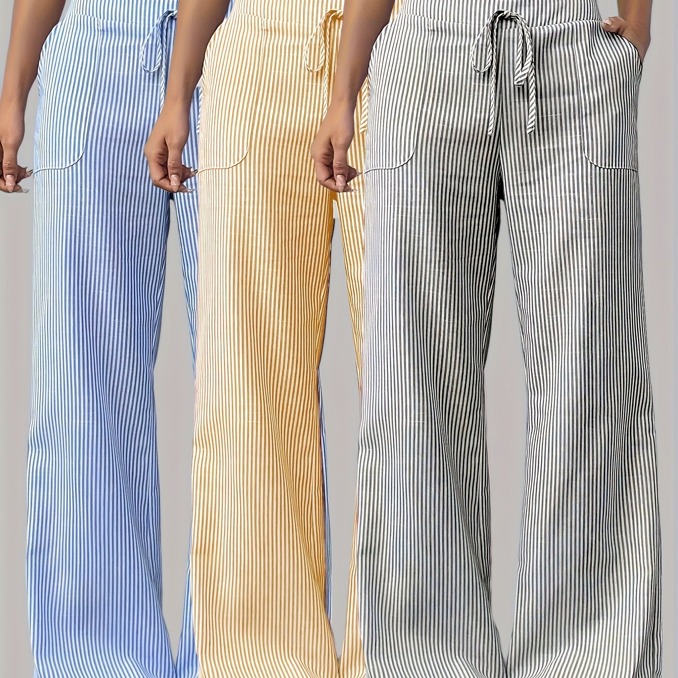 TEMU Women's Fashion Striped Pocket Drawstring Multi-piece Combination Trousers