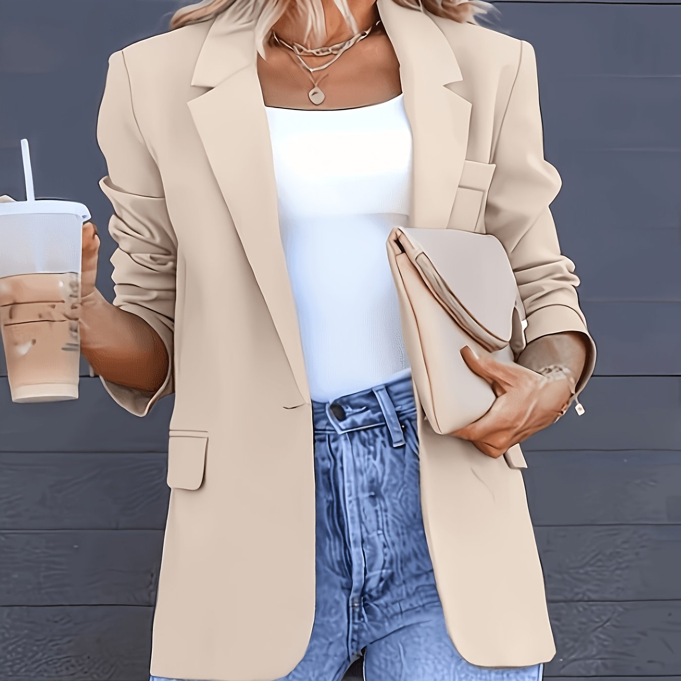 TEMU Fashion Women's Elegant Blazer Chic Open Cardigan Solid Single-button Commuter Versatile Long Sleeve New Casual Suit Coat