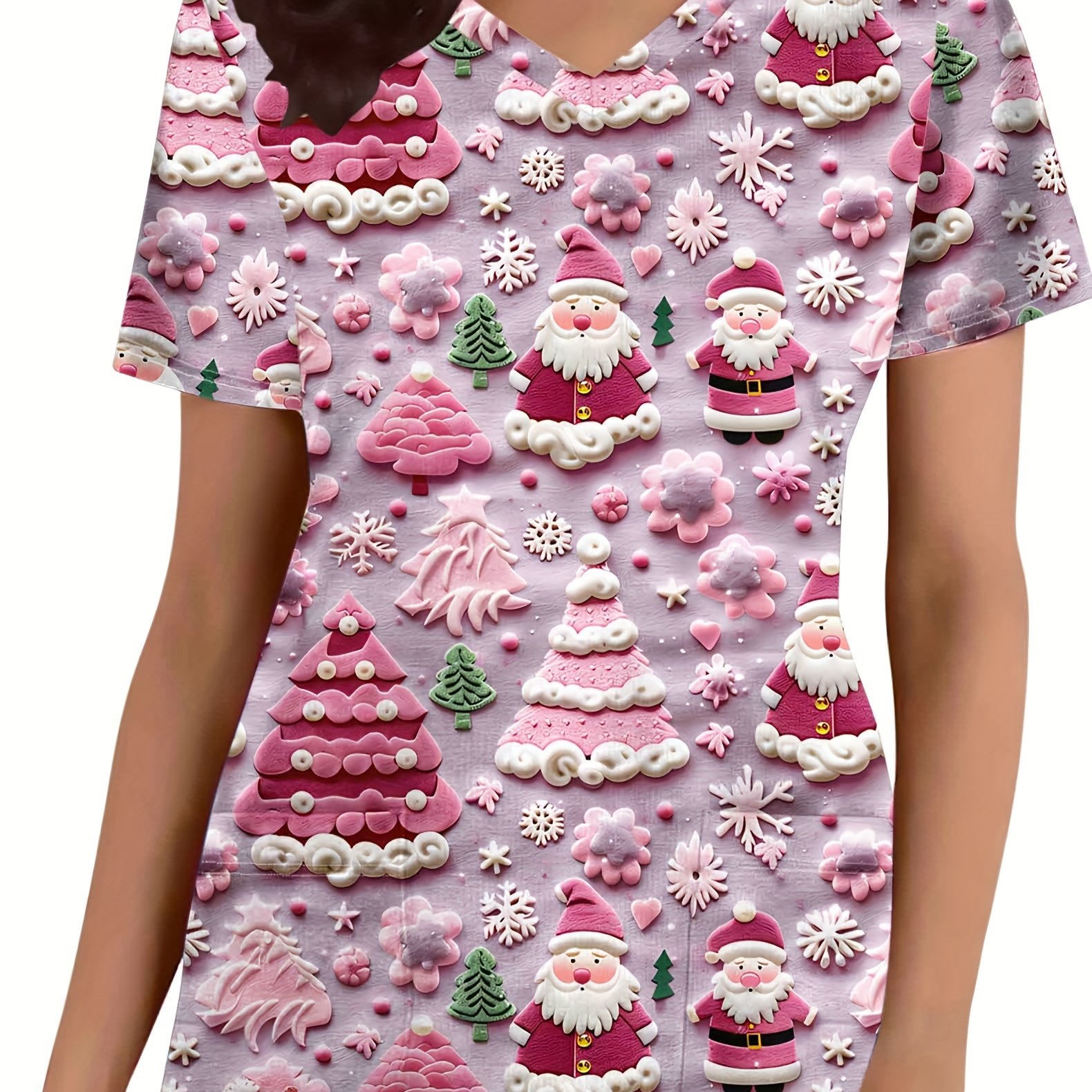 TEMU Christmas Women's T-shirt, Santa Print V-neck Short Sleeve, Fashionable Women' Pocket Top, Soft Women's Nurse Uniform