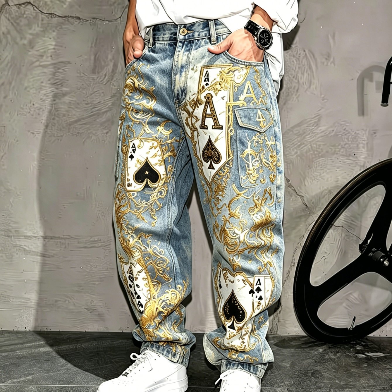 Image of Men's Plus Size Retro Streetwear Print Loose Straight-leg Pants - Spade-themed Digital, Loose-fit Casual Trousers Suitable For Daily Commuting, Office & Wear, Machine Washable, Plus Size