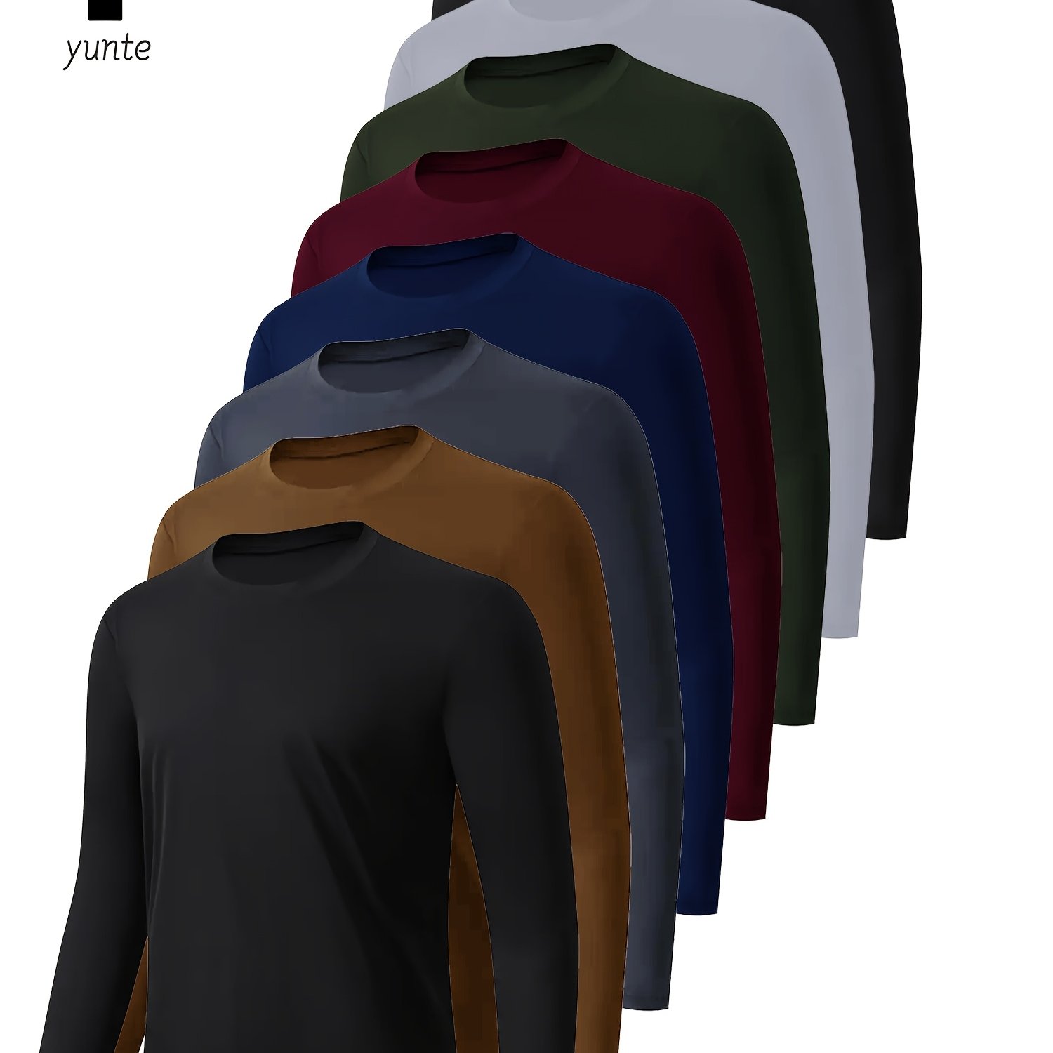 TEMU 8pcs Men's Long Sleeve Crewneck Shirts In 8 Colors: Black, Khaki, Gray, Navy, Maroon, Army Green, White, Black - Quick-dry Athletic Tops For