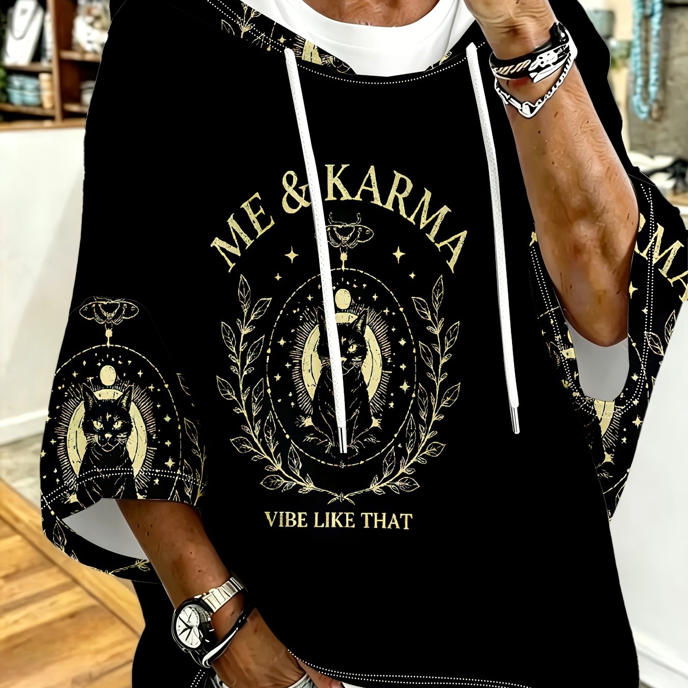 TEMU Plus Size, Plus Size Women's Short Sleeve Hoodie, Black Cat Letter Print, Loose Drop Shoulder Sleeves, Hooded Sweatshirt, Spring/summer Trend,