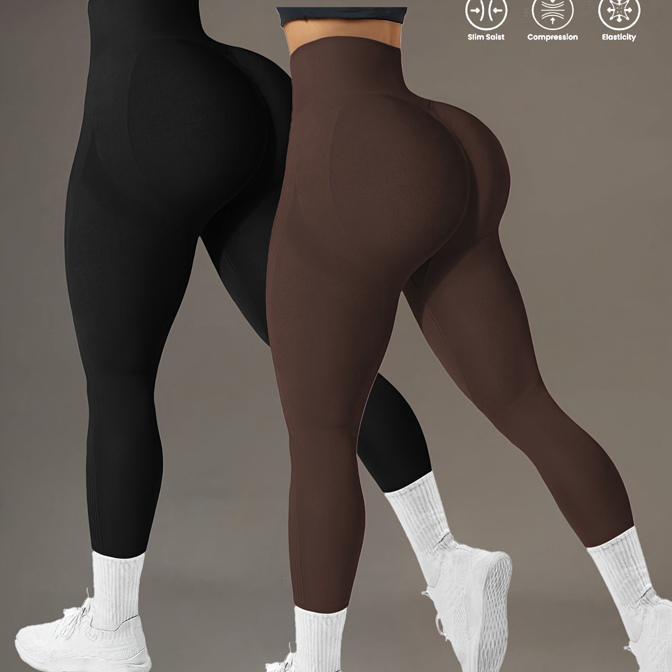 Image of 2pcs Set Of Solid Color Athletic Leggings, Elastic Quick-dry Wide Waist Tummy Control Tight Yoga Pants For Exercise Base Layer, Women's Yoga Wear