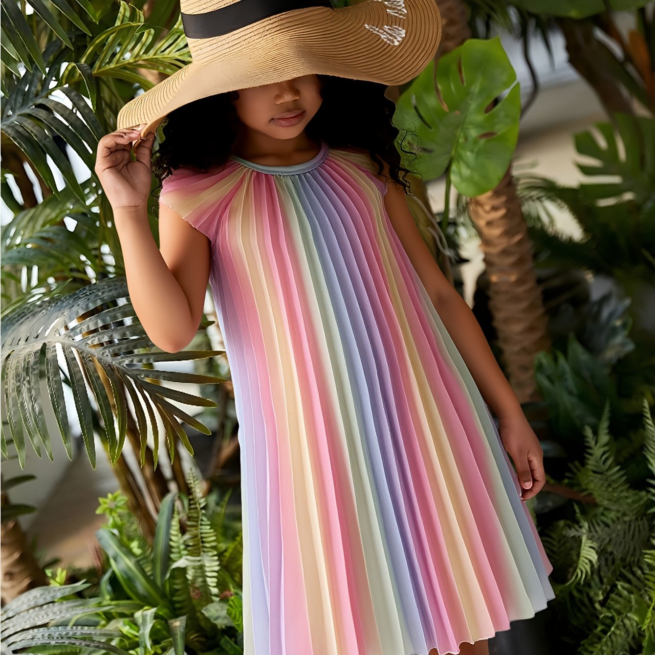 Image of ' And 's Summer New Rainbow-colored Round Neck Short-sleeved Pleated Casual Dress