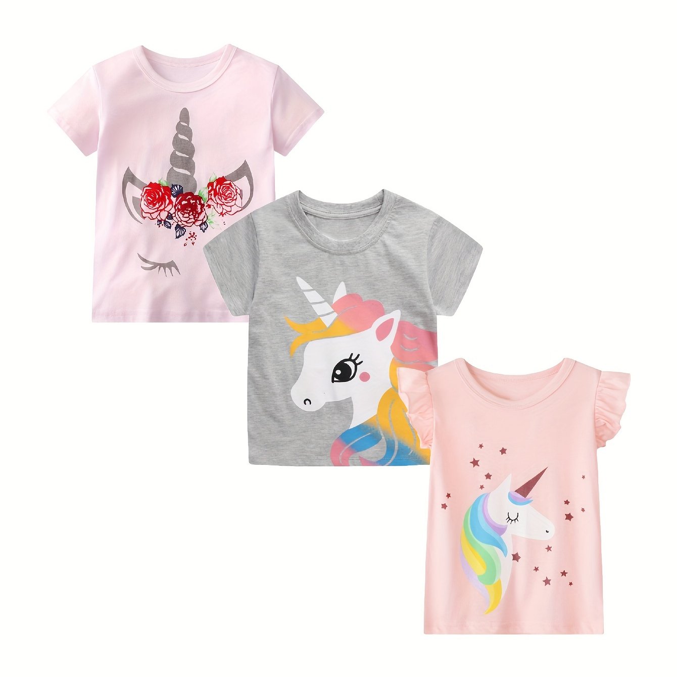 Image of 3 Combination Girls Short Sleeve T-shirt Pure Breathable Comfortable Casual Round Neck Sleeve Cartoon Unicorn Decal Random Printed T-shirt Summer Top