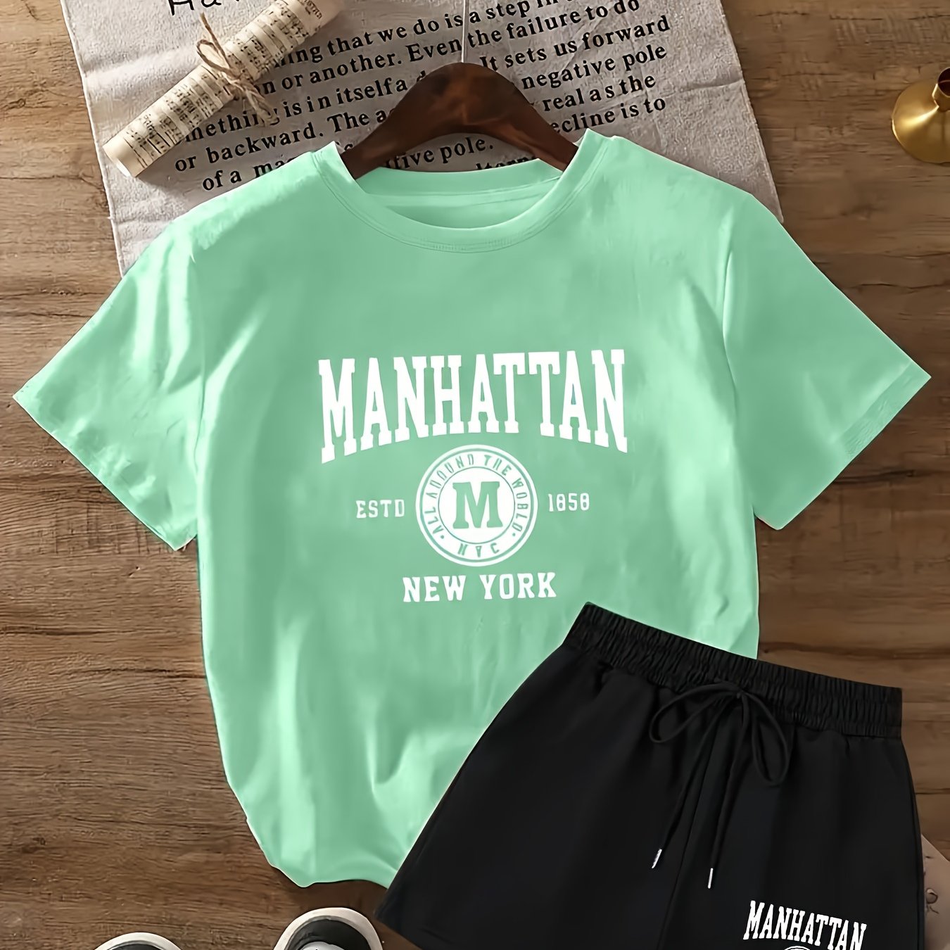 TEMU European And American Series Letter Print Drawstring Two-piece Set, Short Sleeve T-shirt And Short Jogging Pants Clothing, Women's Clothing