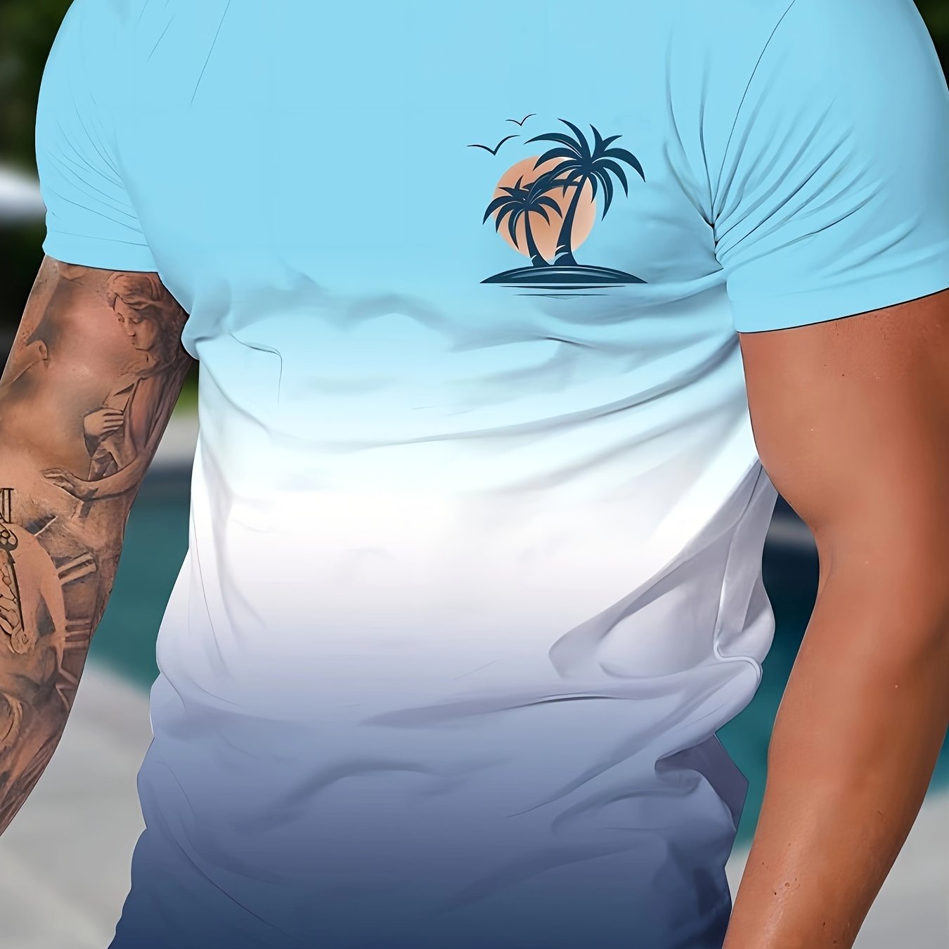 TEMU Men's Summer Casual Gradient T-shirt With Palm - Polyester, Crew Neck, Short Sleeve, Beach Holidays