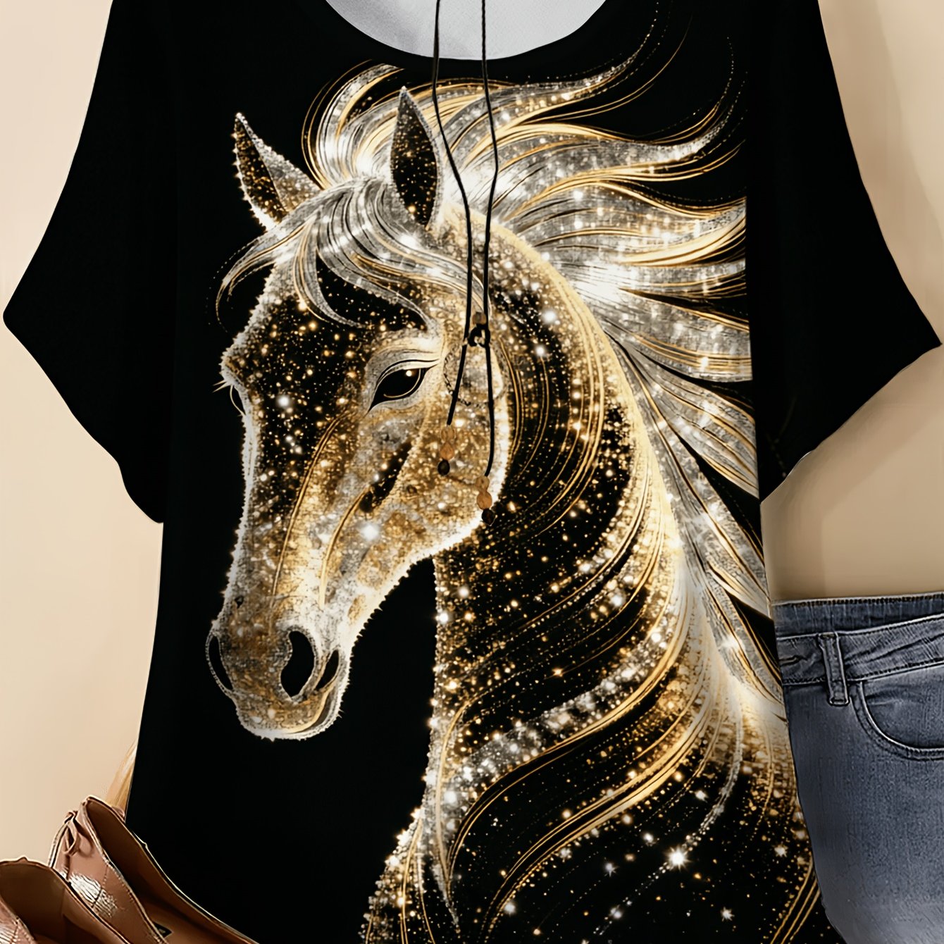 TEMU Grande Taille - Grande Taille - Grande Taille - Grande Taille Femme Col Rond Dorée, Contour Starburst Esprit Tendance Design Art, Haut