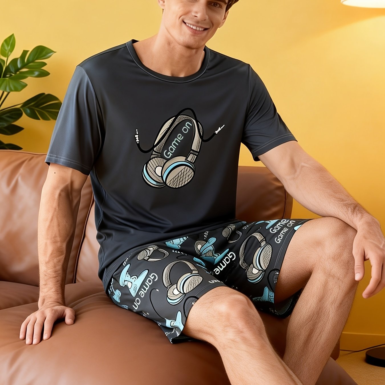 TEMU Men's Pajamas Spring Summer Short Sleeve Short Shorts Round Neck Set Game Comfortable Wear