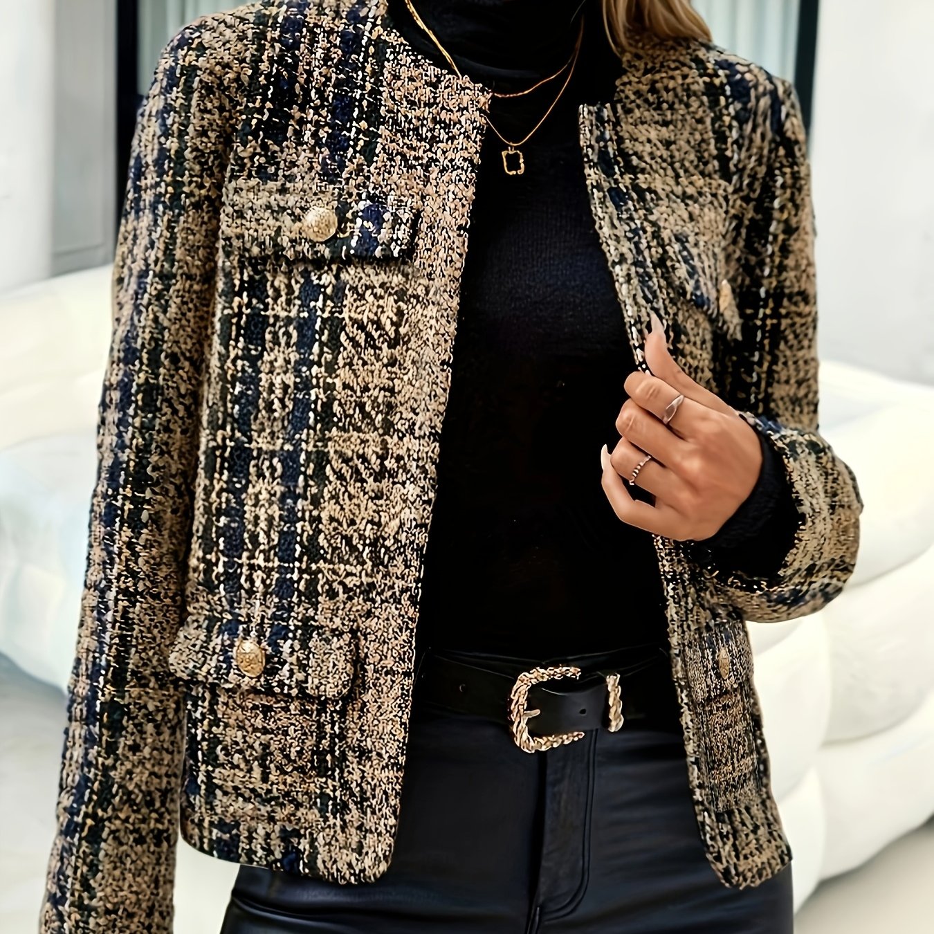 TEMU Plus Size - Elegant Women's Chic Tweed Blazer - Long Sleeve, Button Front, Lightweight Jacket For Work & Casual, Non-sheer, Solid Color