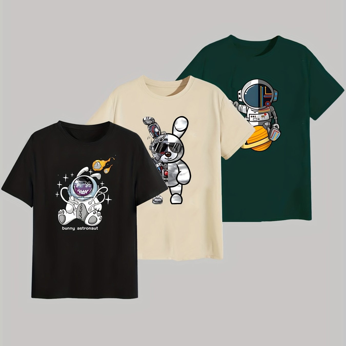 TEMU 3pcs Men's Printed Round Neck T-shirt Set, Fashionable Casual T-shirts