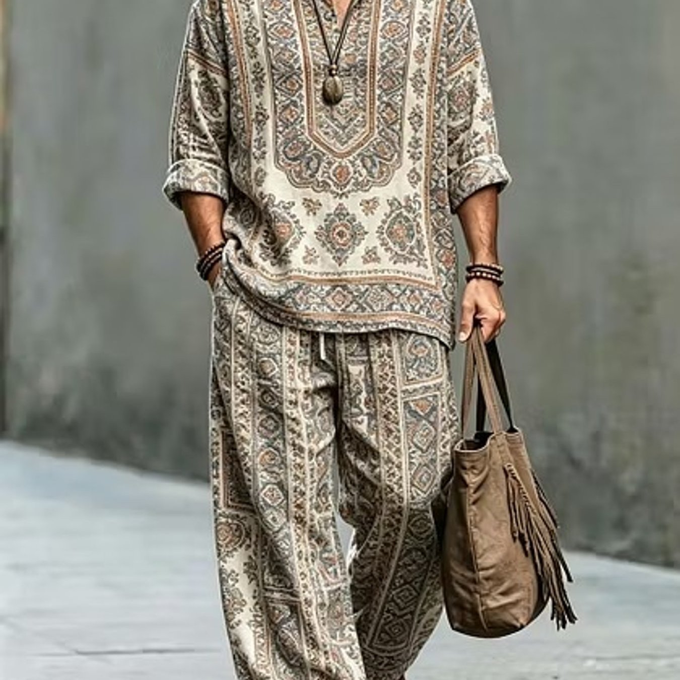 Image of Standard Size Men's Loose Two-piece Set - 's Fashion Bohemian Retro Ethnic Tribal Pattern Two-piece Set, Style, Trendy Adult Men's Clothing, Holiday Gift, Everyday Wear