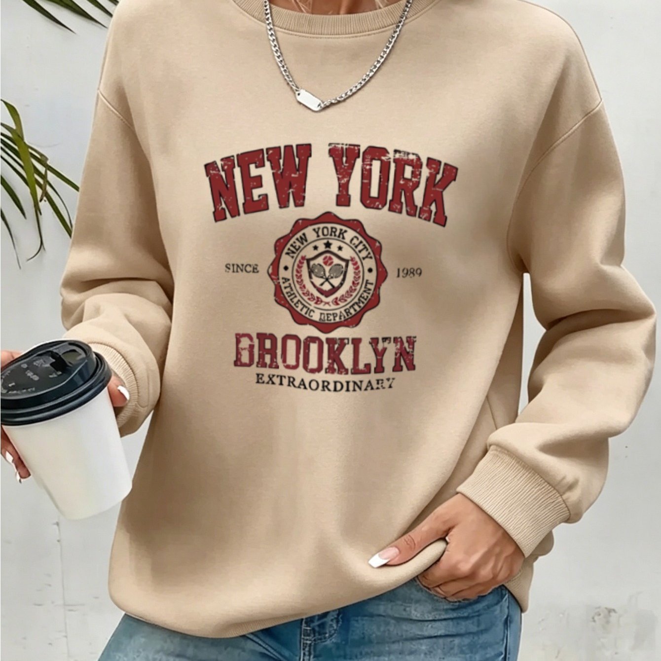 Image of Cartoon Art Letter Double-print Chest Pattern - Fashionable And Elegant - Y2k Style - Crew Neck Sweatshirt - Casual Y Long Sleeve -lined Pullover Top
