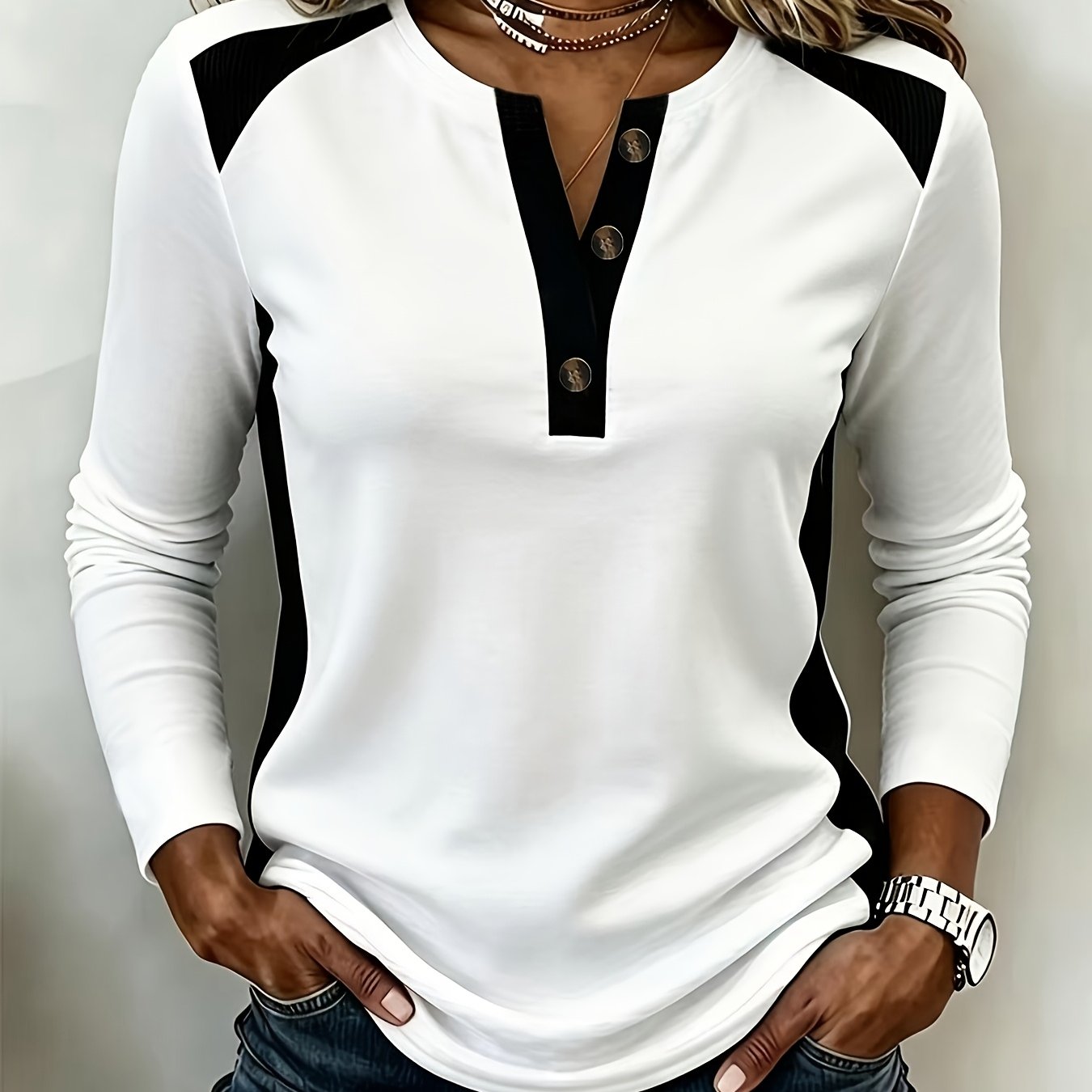 TEMU T-shirt à manches longues pour femmes, color block, haut d'automne et d'hiver
