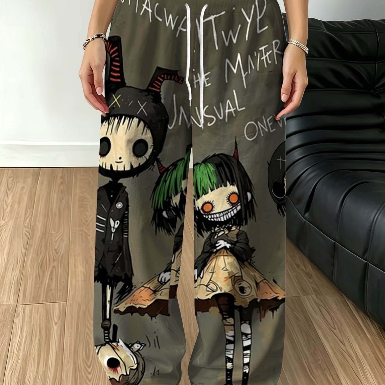 TEMU Women's Gothic Dark Cartoon Graffiti Print Sweatpants - Loose-fit Elastic Waist Wide- Trousers With Draping Pants Suitable For Casual Attire,