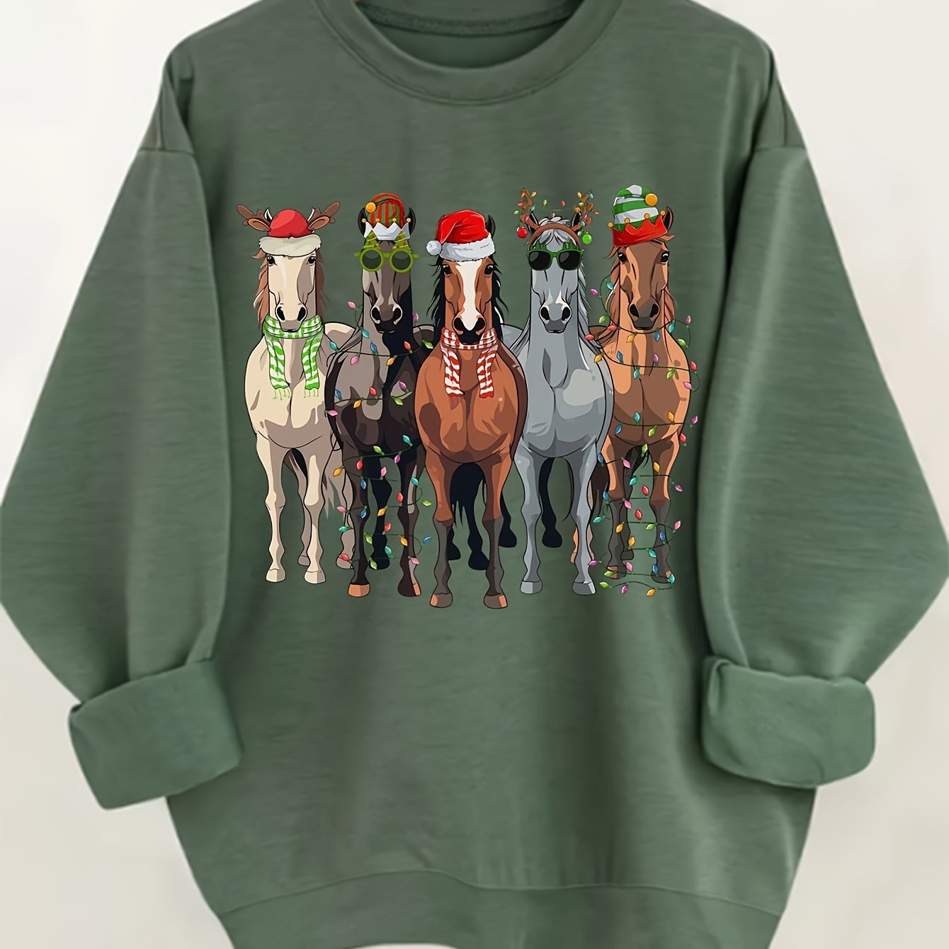 Image of Horse Print Pullover Sweatshirt, Christmas Long Sleeve Crew Neck Sweatshirt For Fall & Winter, Women's Clothing