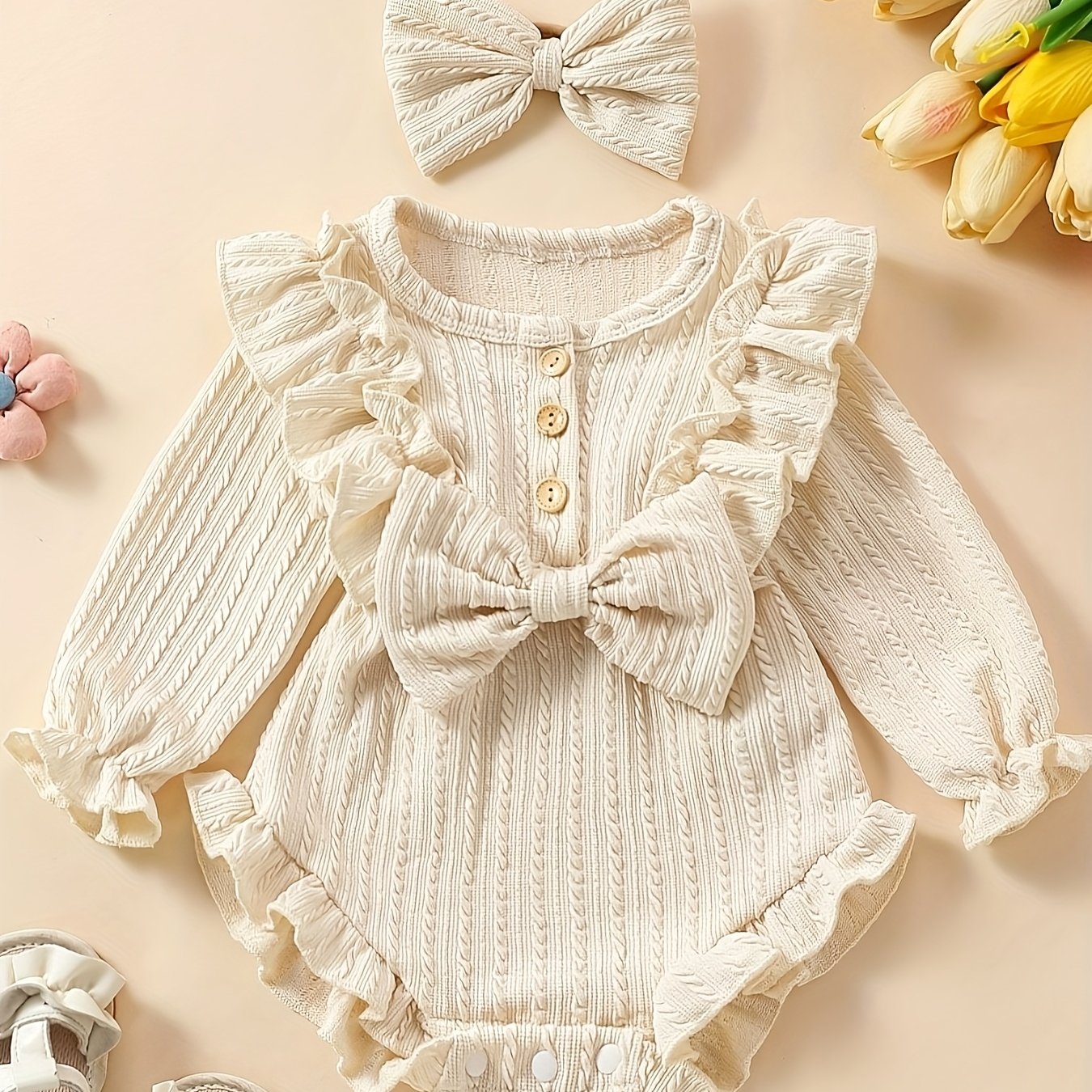 Image of Cute Large Bow + Adorable Flutter Sleeves For Boys And Girls, Casual Outing, For Your Lovely Little One, Perfect For Outdoor