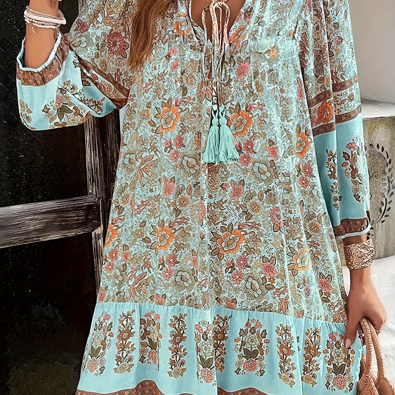 Image of Ethnic Style Floral Print Tie-neck Dress, 3/4 Sleeve Hem Bohemian Dress