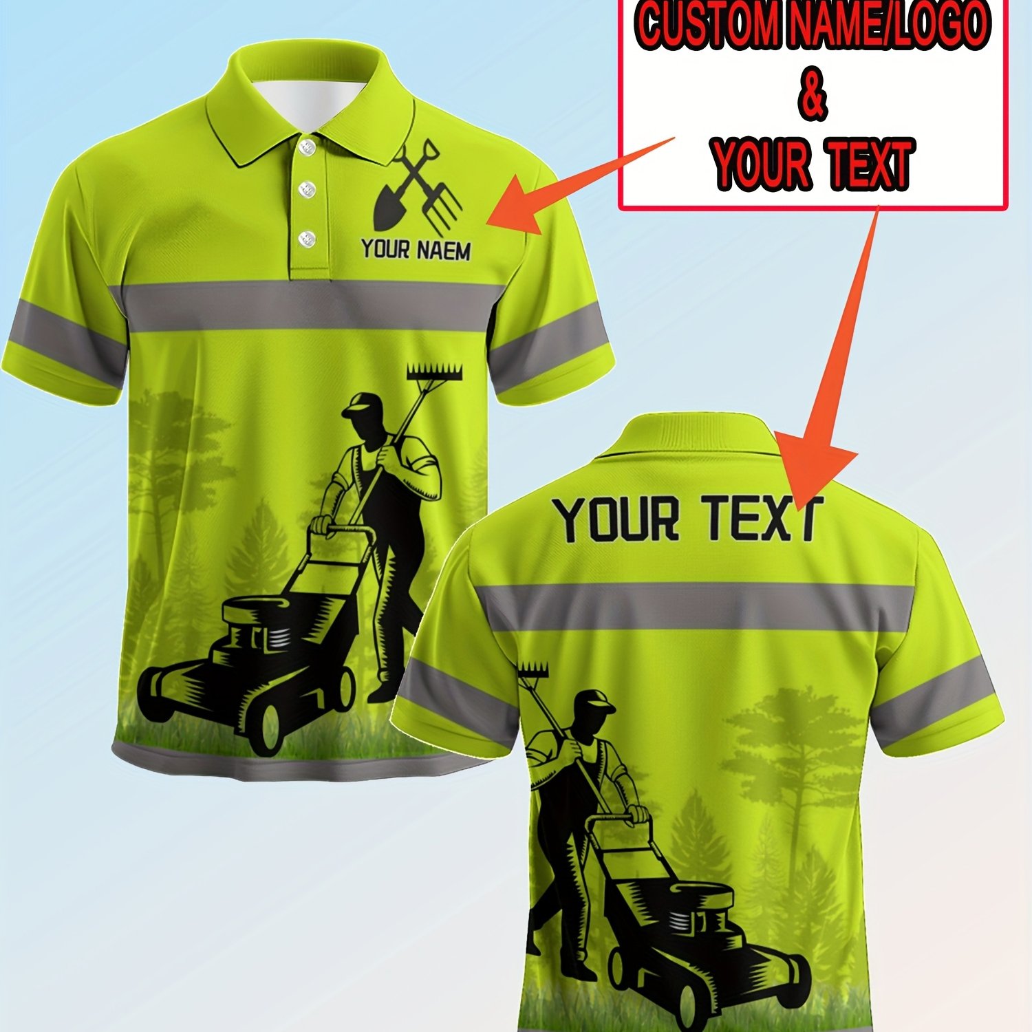 TEMU Customizable Men's Shirt - 3d Print Garden Weeder Design, Contrast Striped Accents, Collared Neckline, Personalized Logo/text, , Casual Attire,