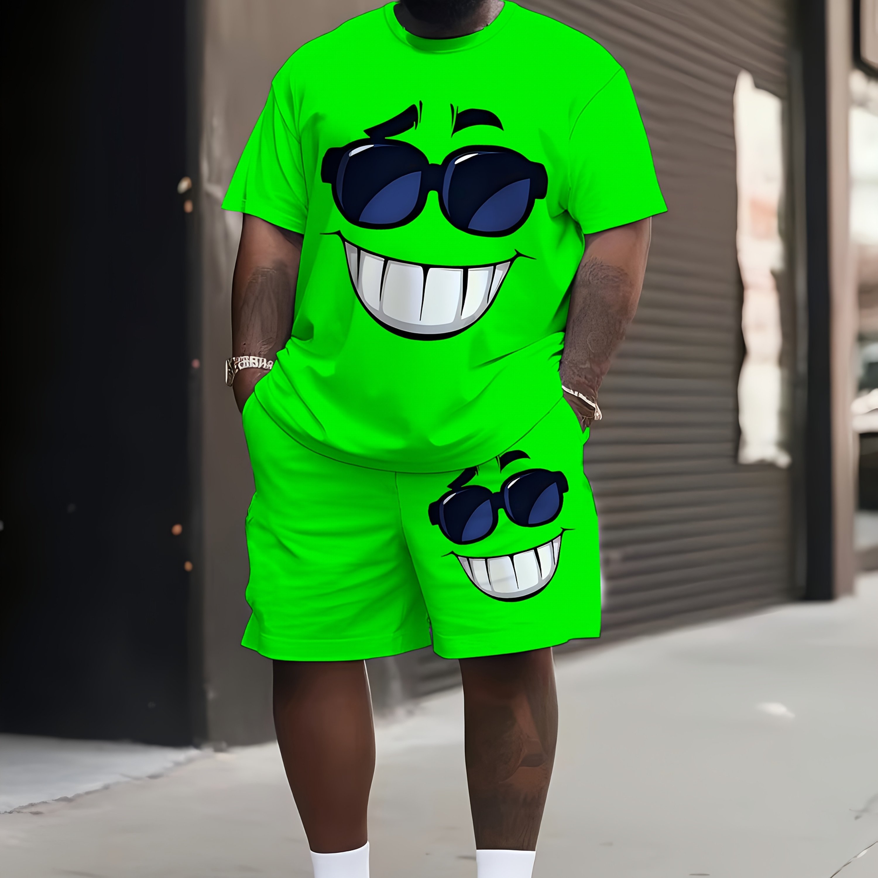 TEMU Men's Plus Size Casual Breathable Round Neck Short Sleeve Shorts Set With 3d Cartoon Pattern, Plus Size