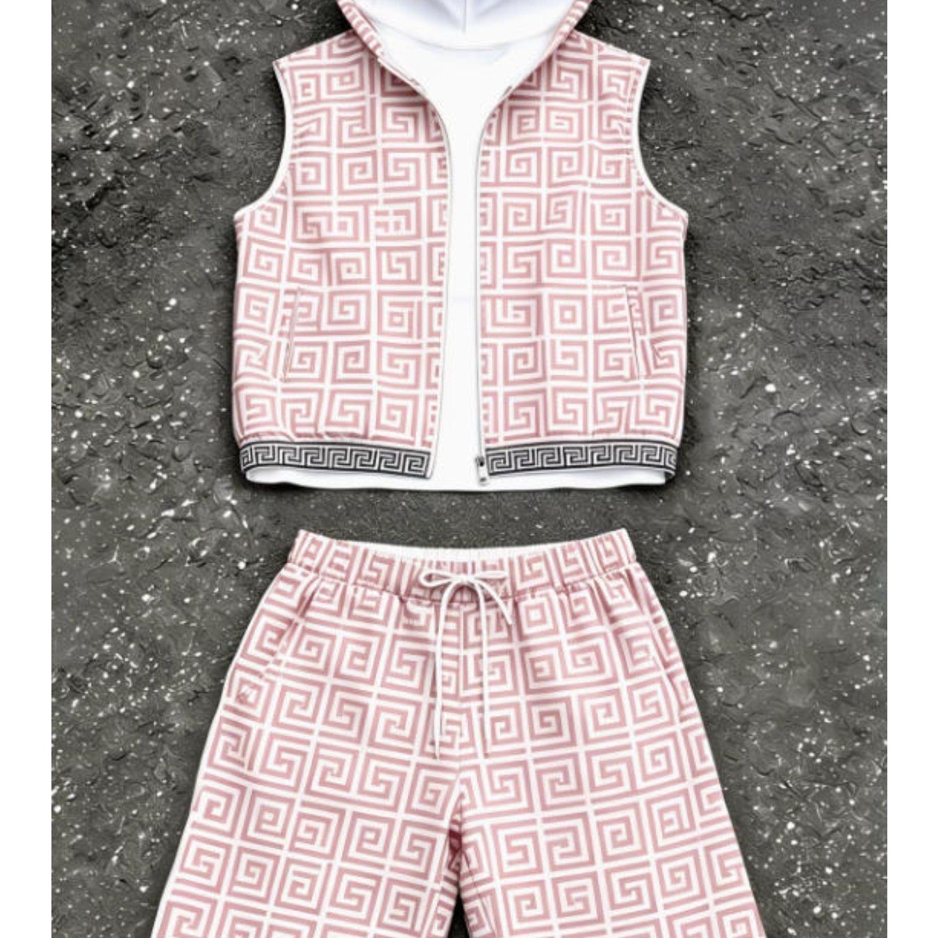 Hooded Men's Outfit Summer Casual Trendy Greek Key Geometric Pattern Sleeveless Zip Hoodie Shorts Set Men's Fashion For Adults Men Street Style Casual Wear Holiday Gift