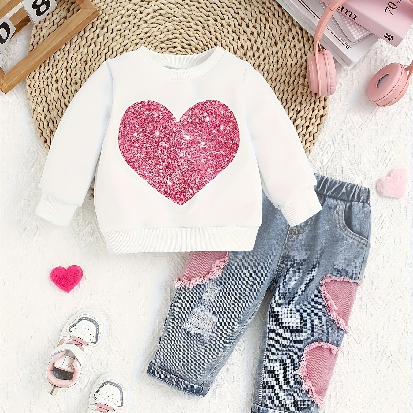 Image of Girls' Pink Heart Patch Ripped Denim 2pcs Set With Sequin Heart Sweatshirt For Spring/autumn, Perfect For Outdoor