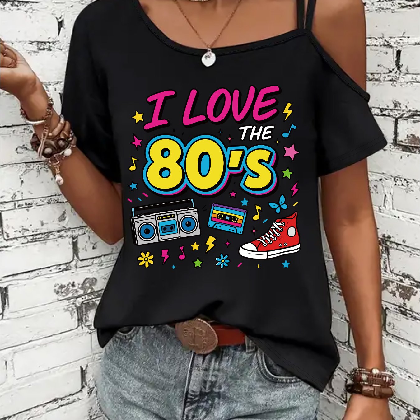 TEMU (035#) Women's Fashion Off-shoulder Strappy Short Sleeve T-shirt, 80s Theme Print T-shirt With Vintage Style Casual Short Sleeve Top